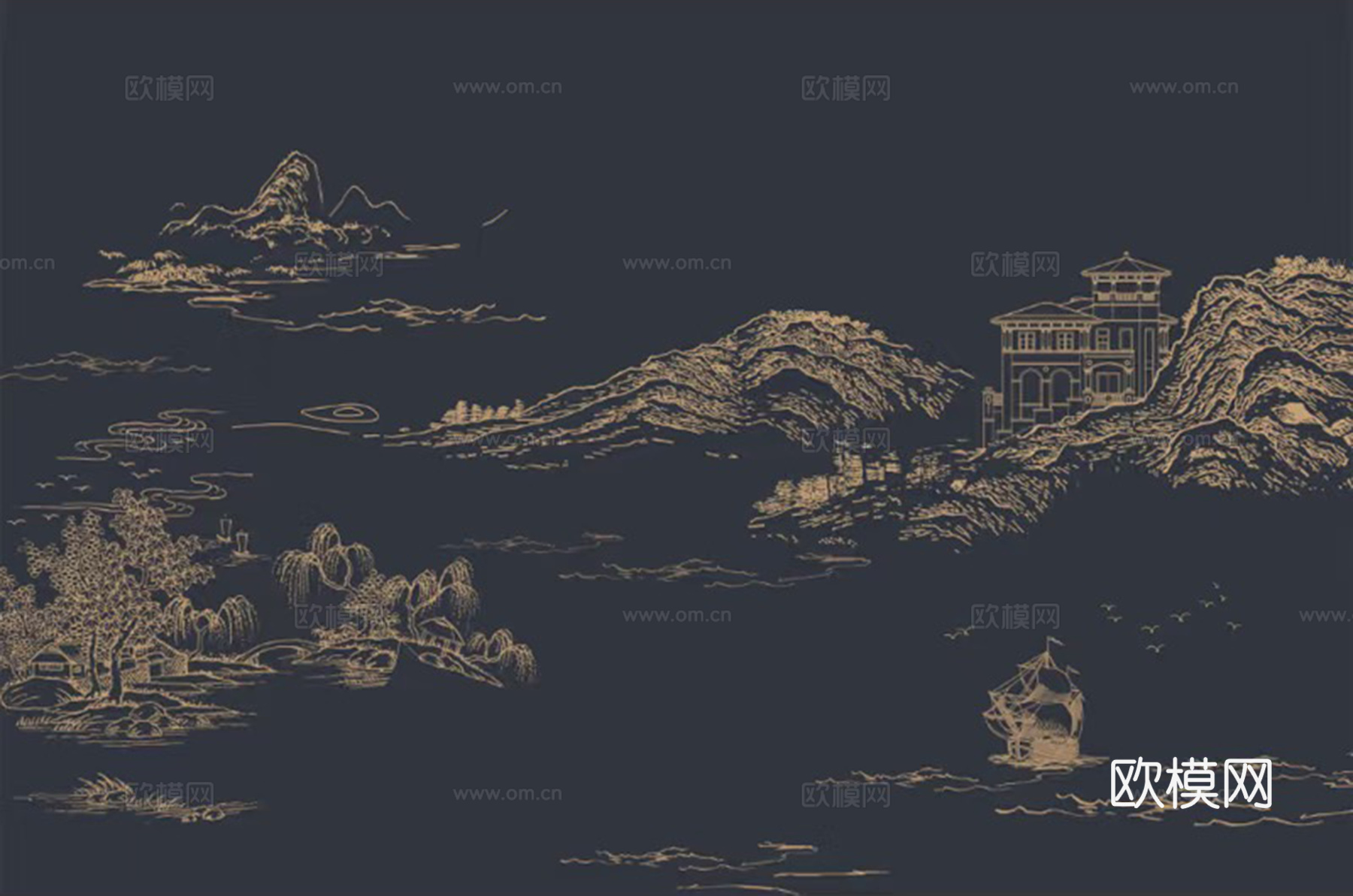 新中式蓝色山水建筑壁画