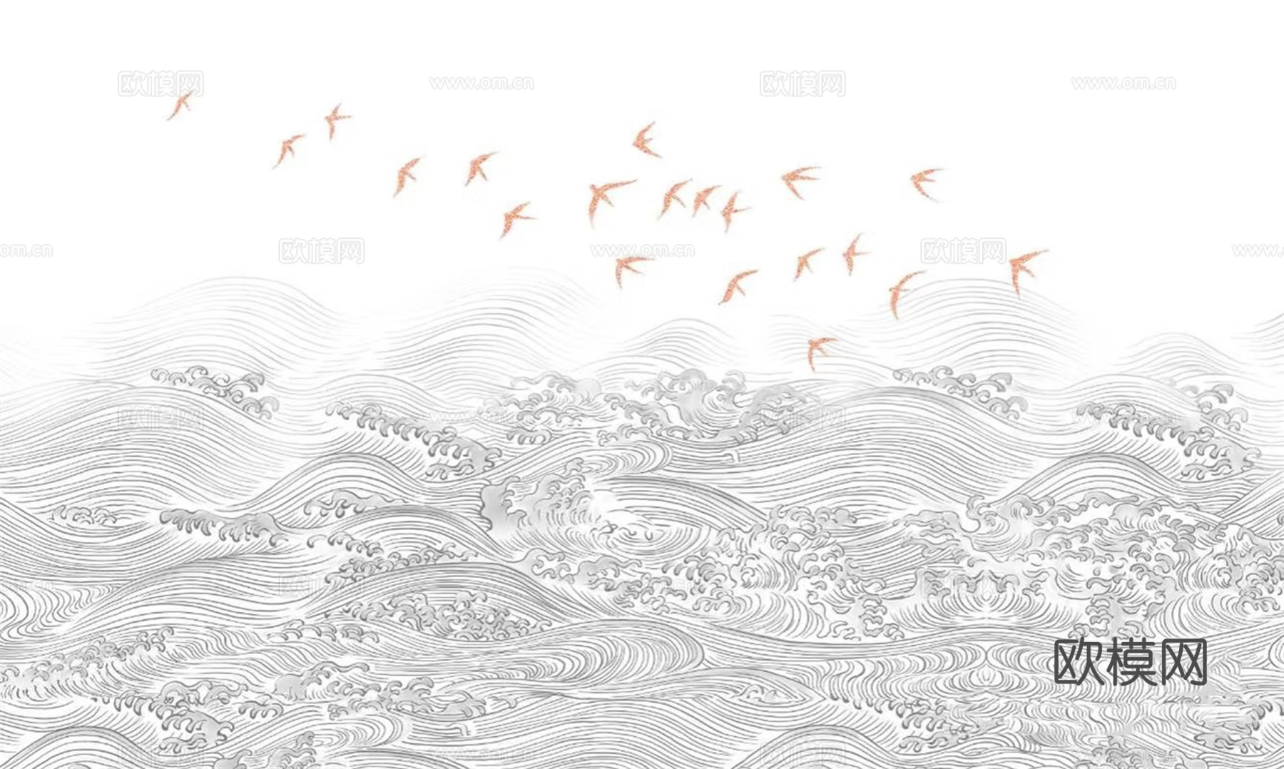 新中式灰白色海浪壁画
