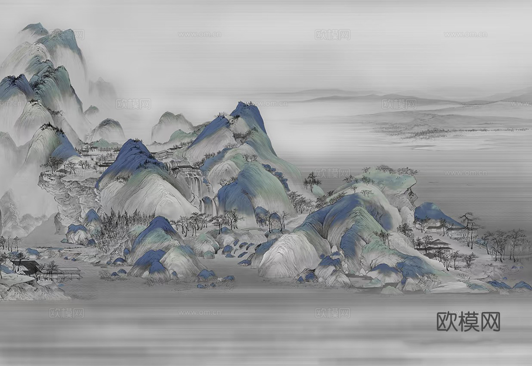 新中式灰蓝色山水壁画