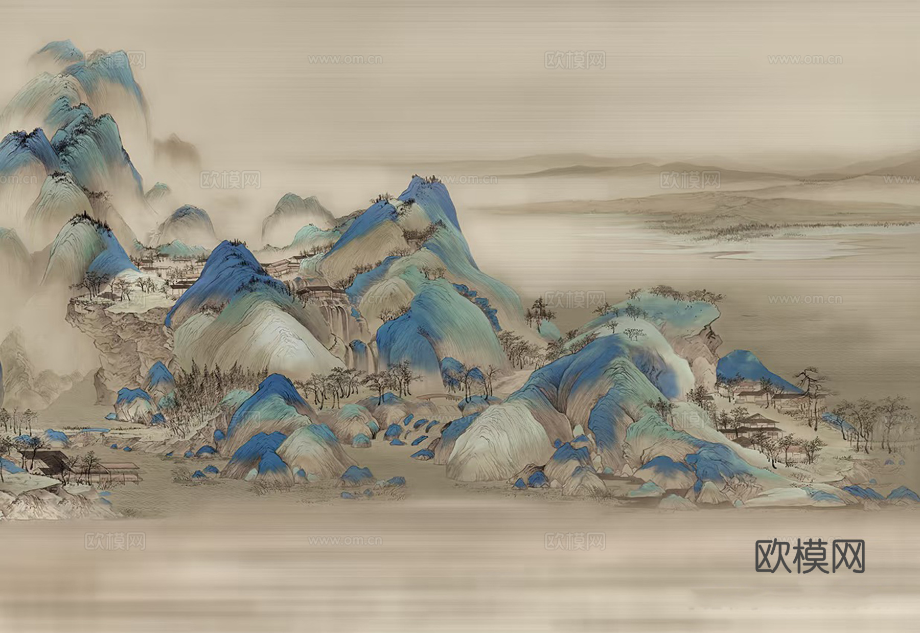新中式暖绿色山水壁画