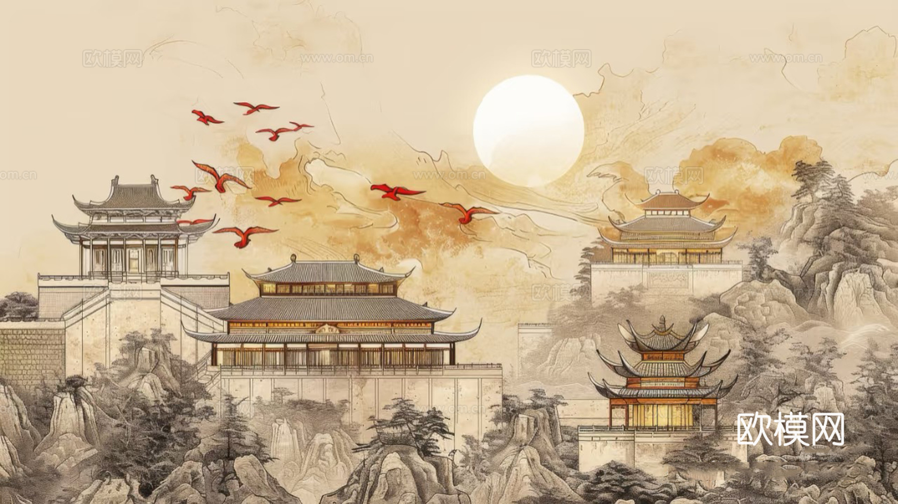 新中式暖色山水壁画