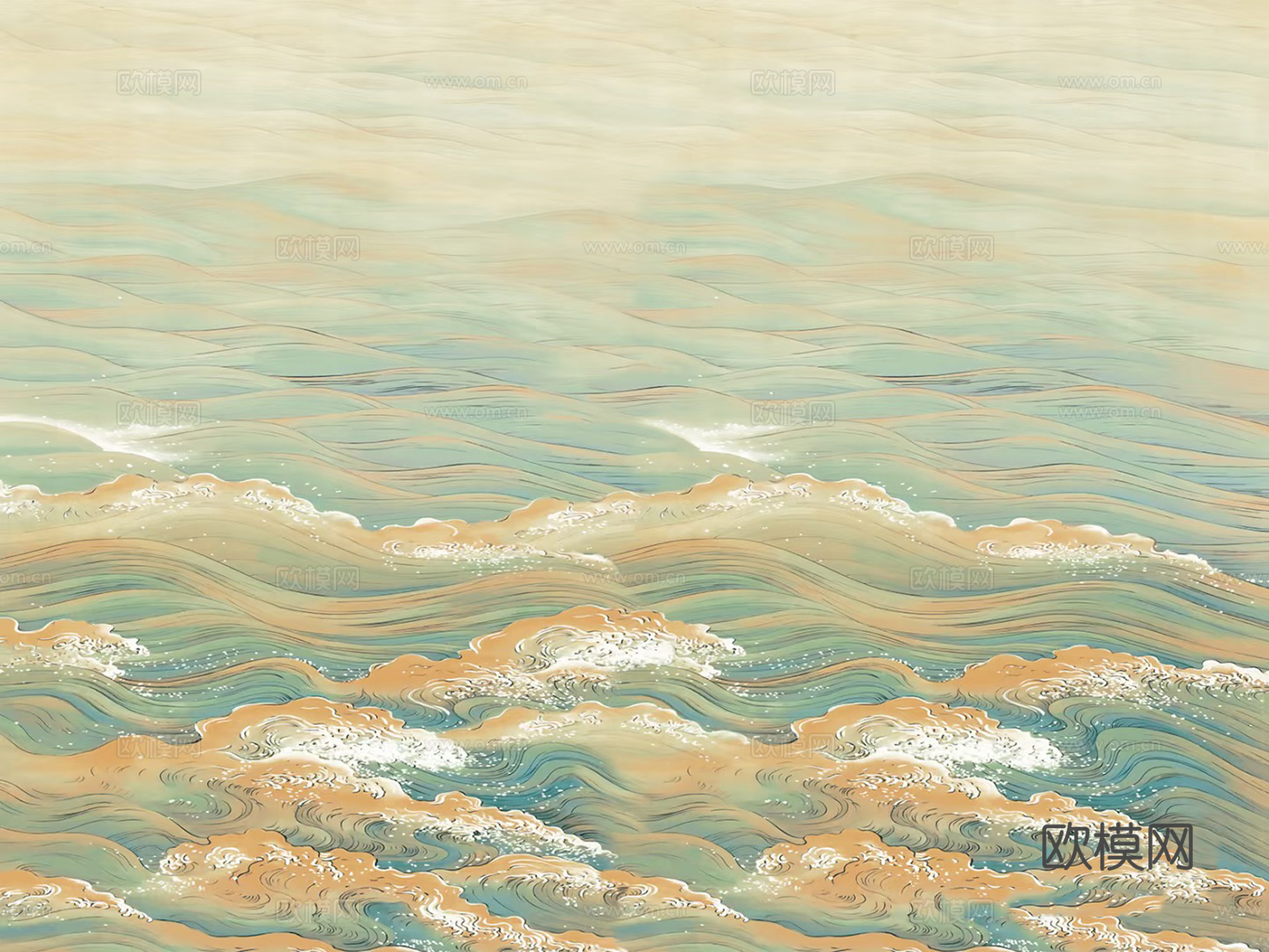 新中式绿色海浪壁画