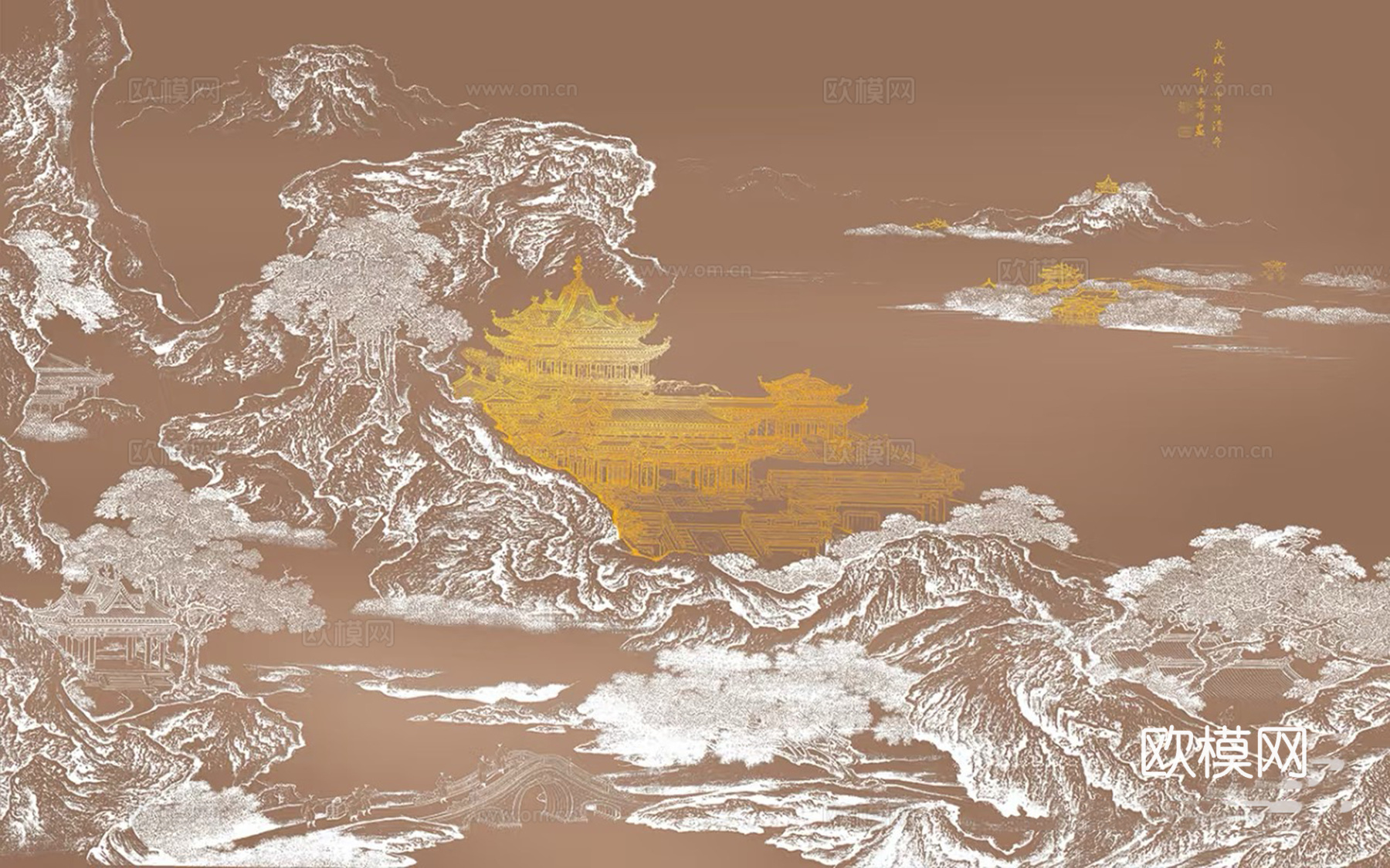 新中式红色山水建筑壁画