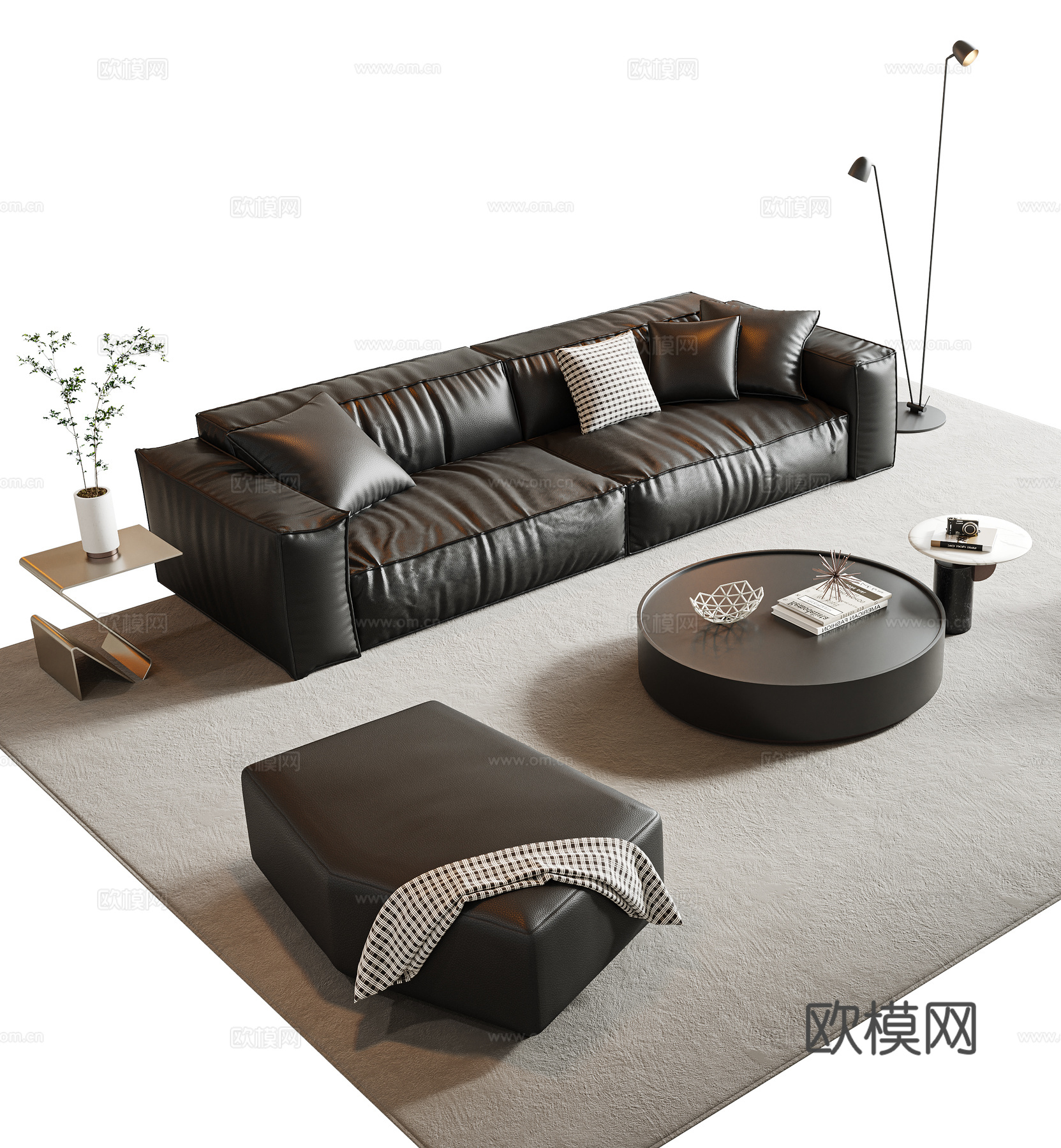意式沙发茶几组合 多人沙发 皮质沙发 组合沙发 直排沙发 圆3d模型