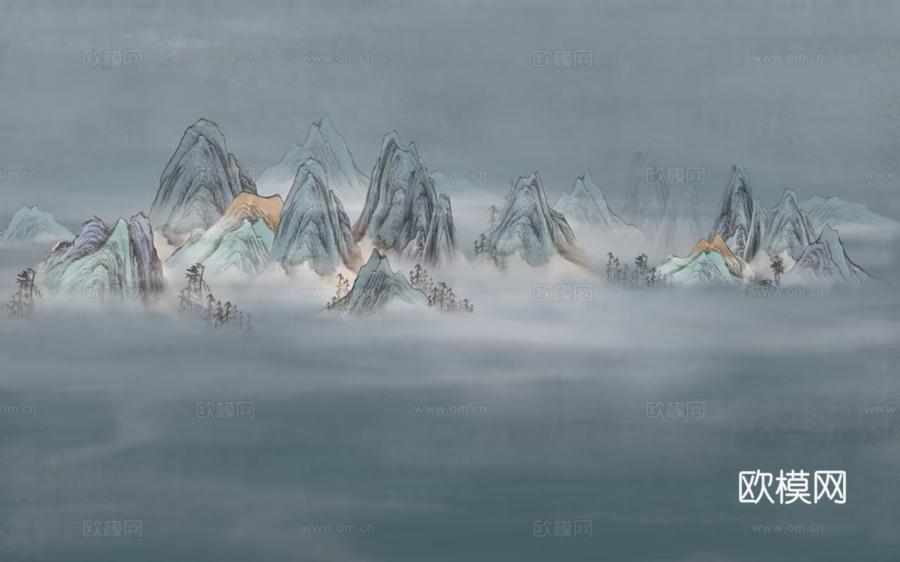 新中式灰蓝色山水壁画