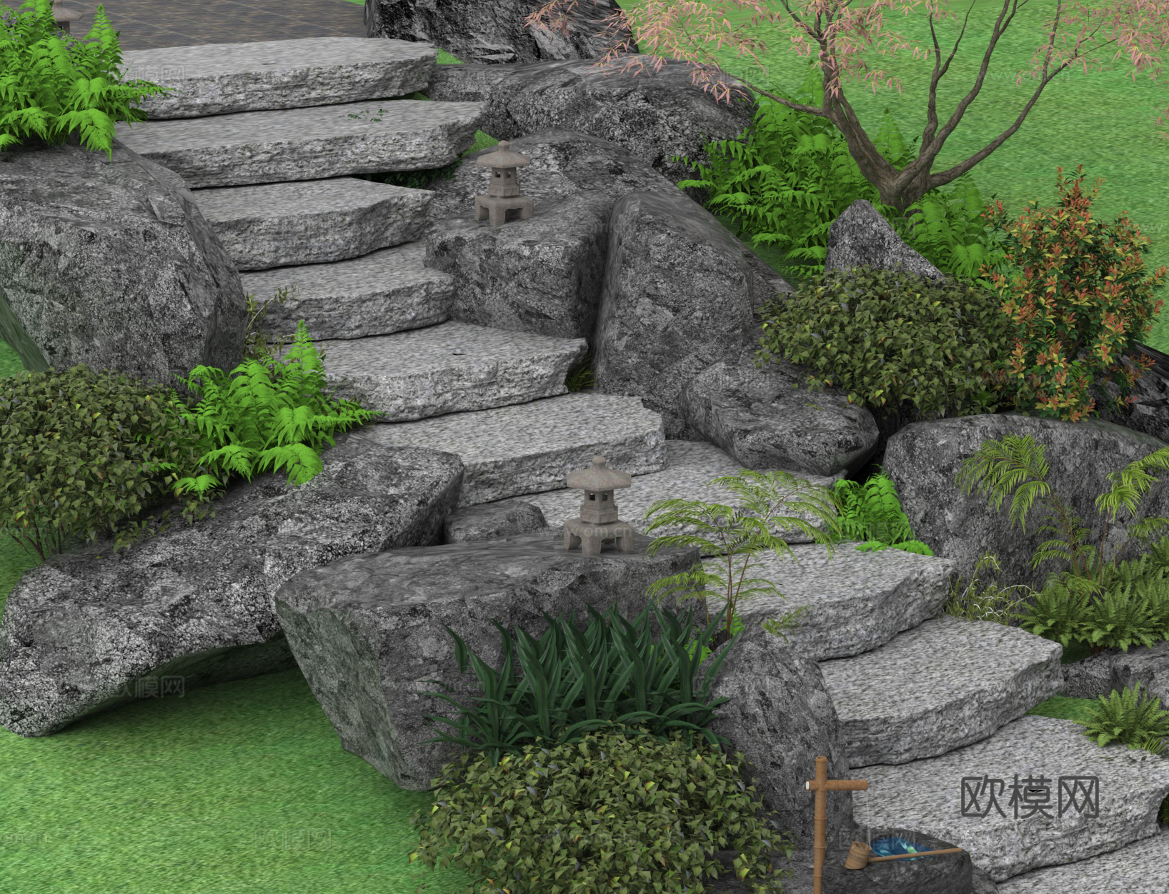 青石台阶 台阶景观 石板台阶 景观石头3d模型