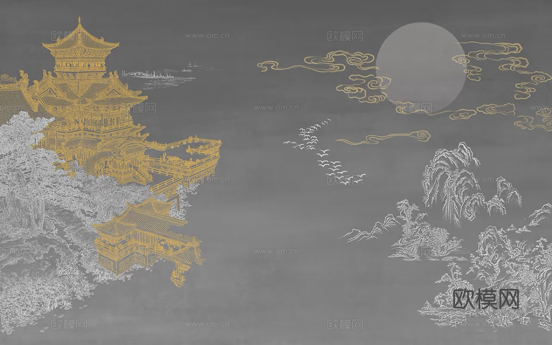 新中式灰色建筑壁画