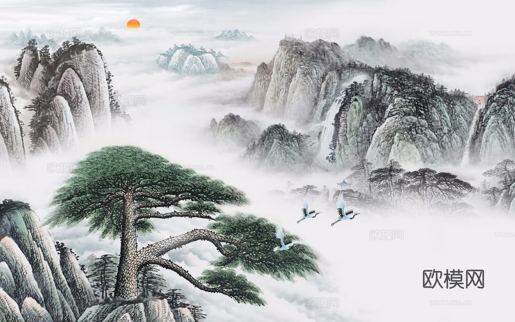 中式水墨山水壁画