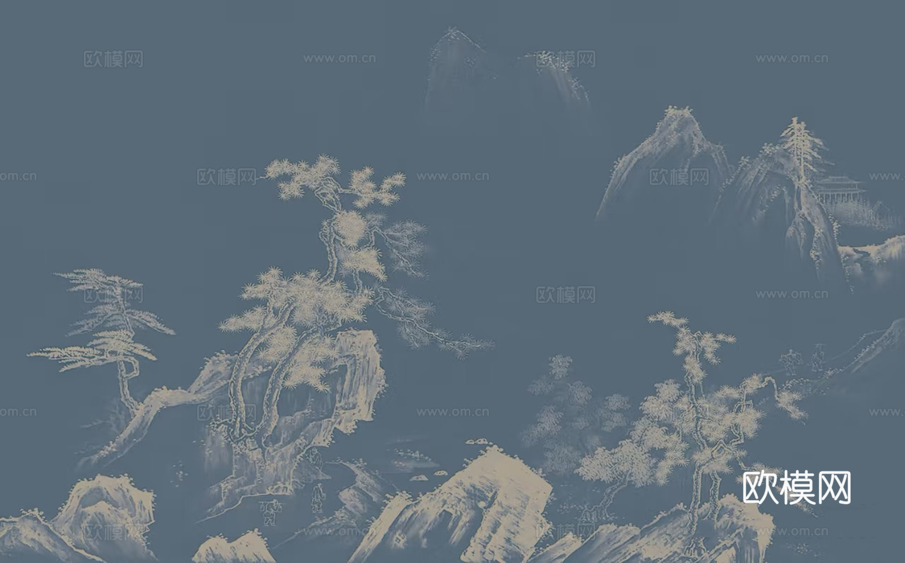 新中式蓝色山水建筑壁画