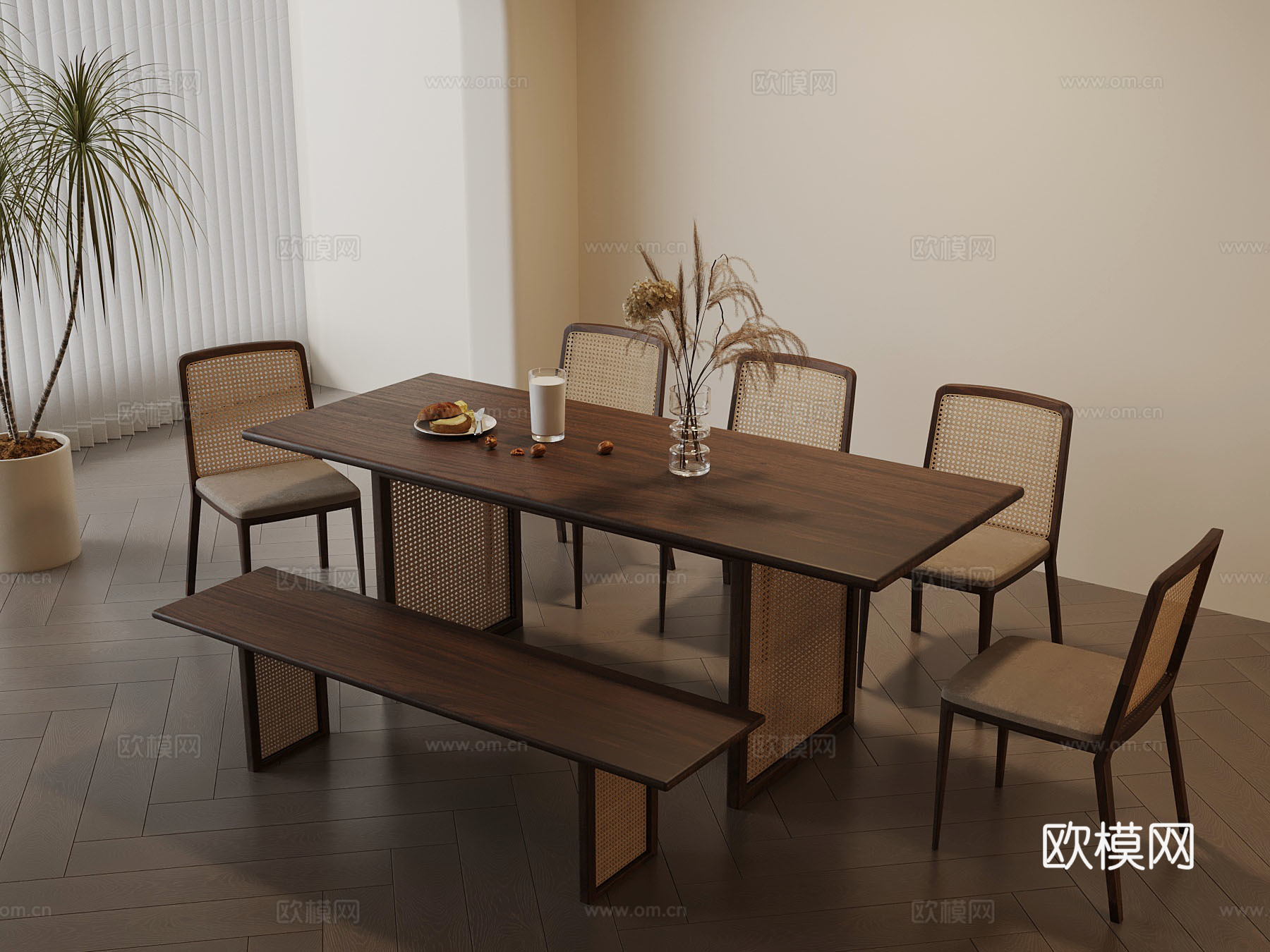 中古风餐桌椅su模型