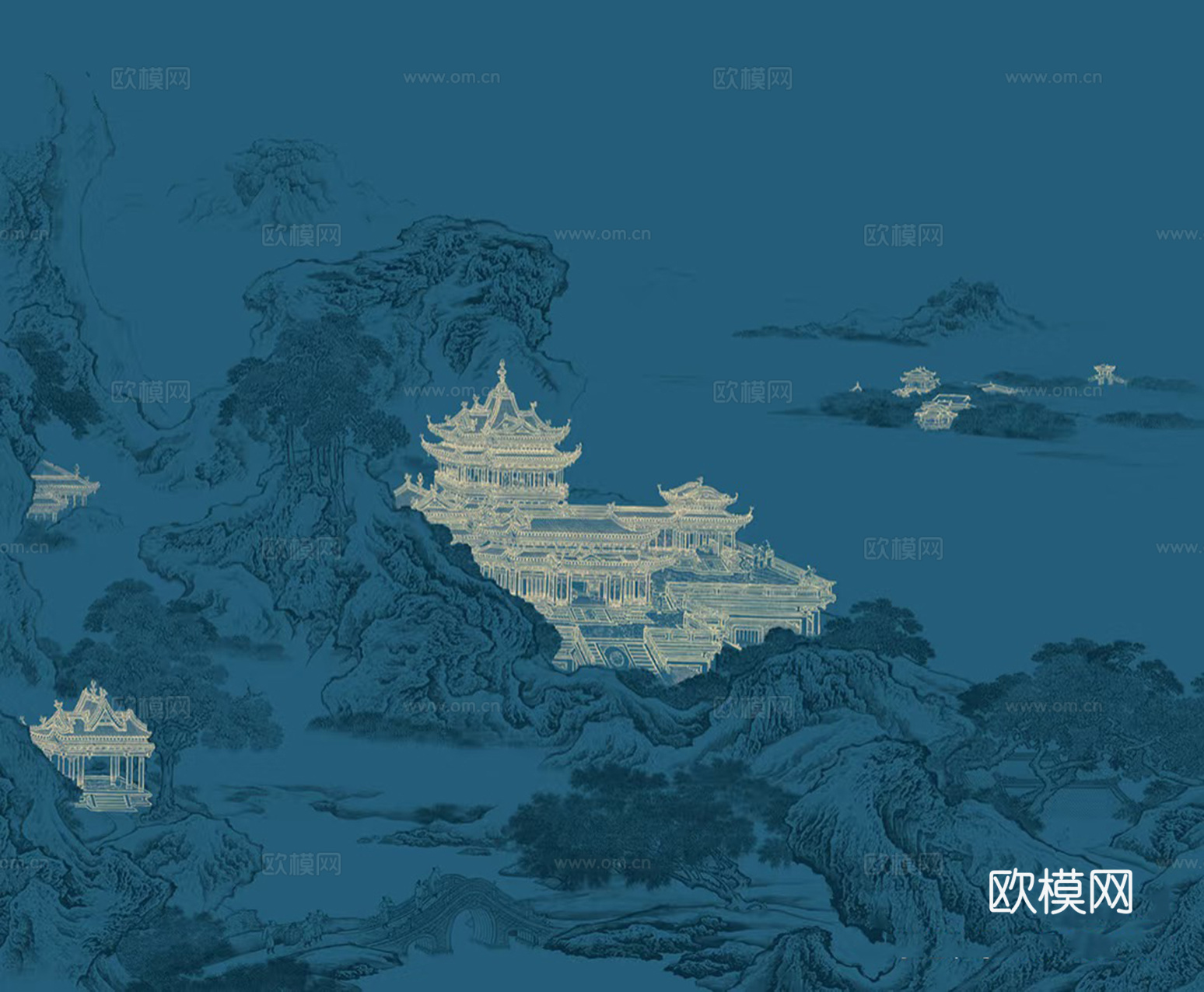 新中式蓝色山水建筑壁画