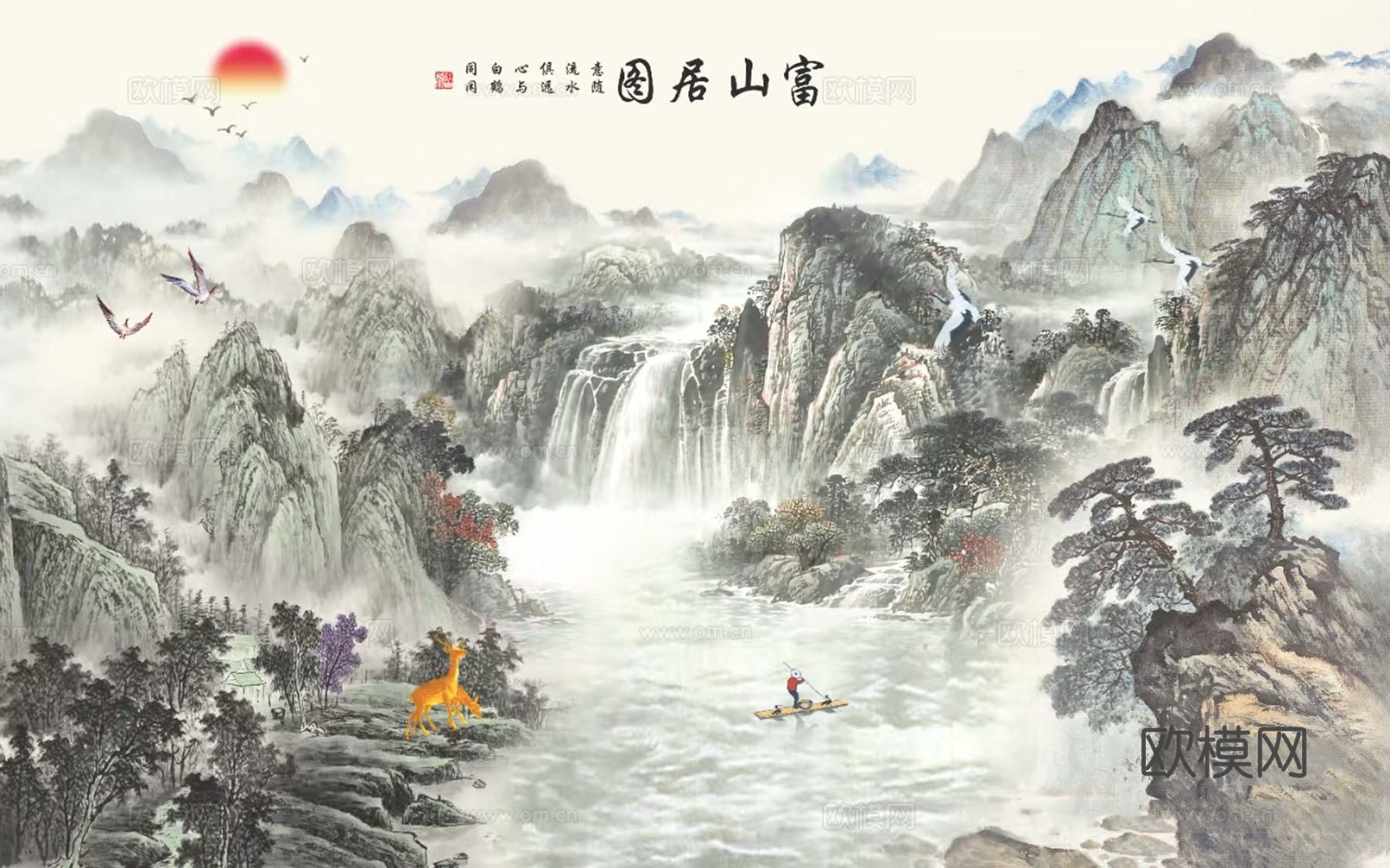 中式水墨山水壁画