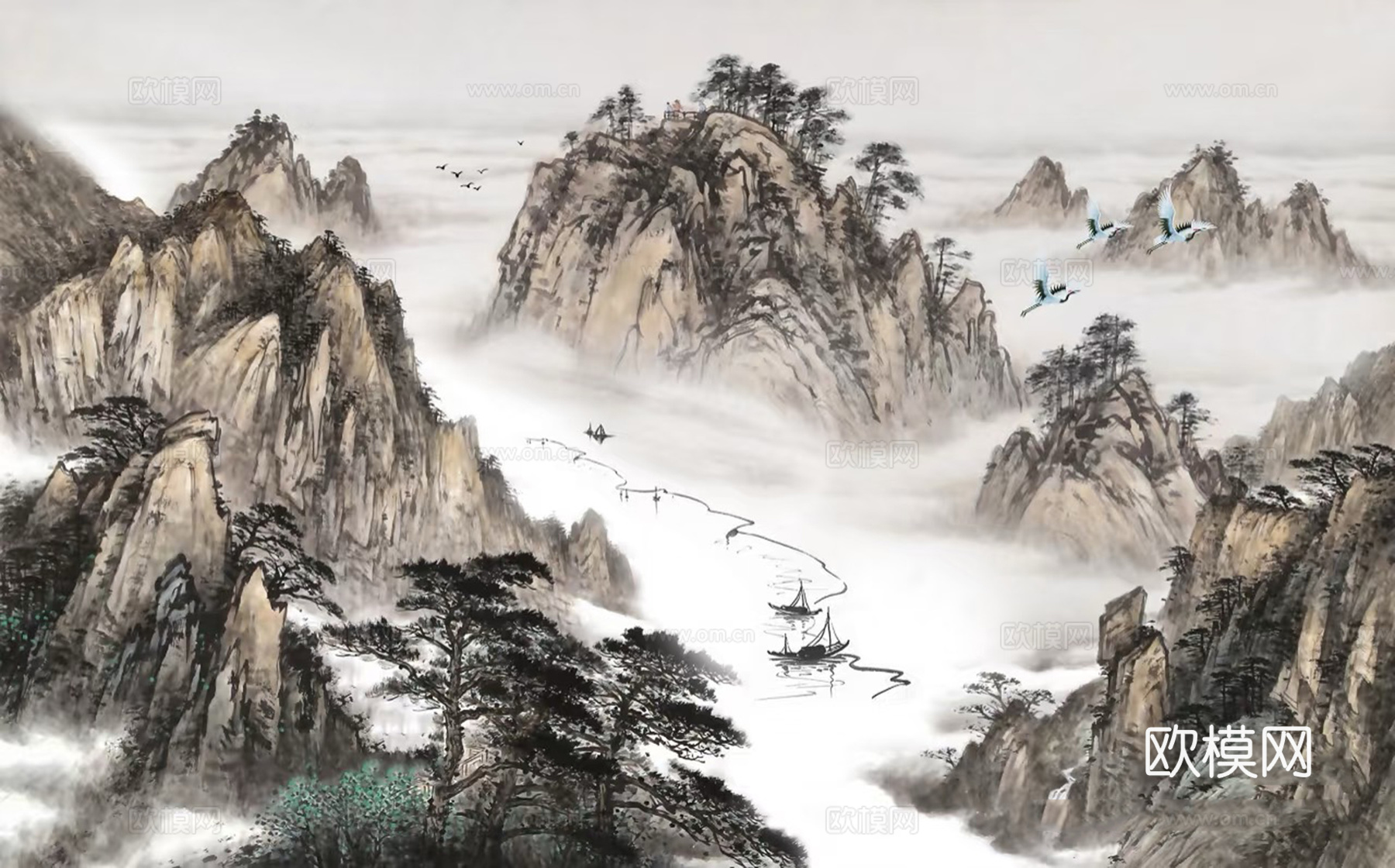 中式水墨山水壁画