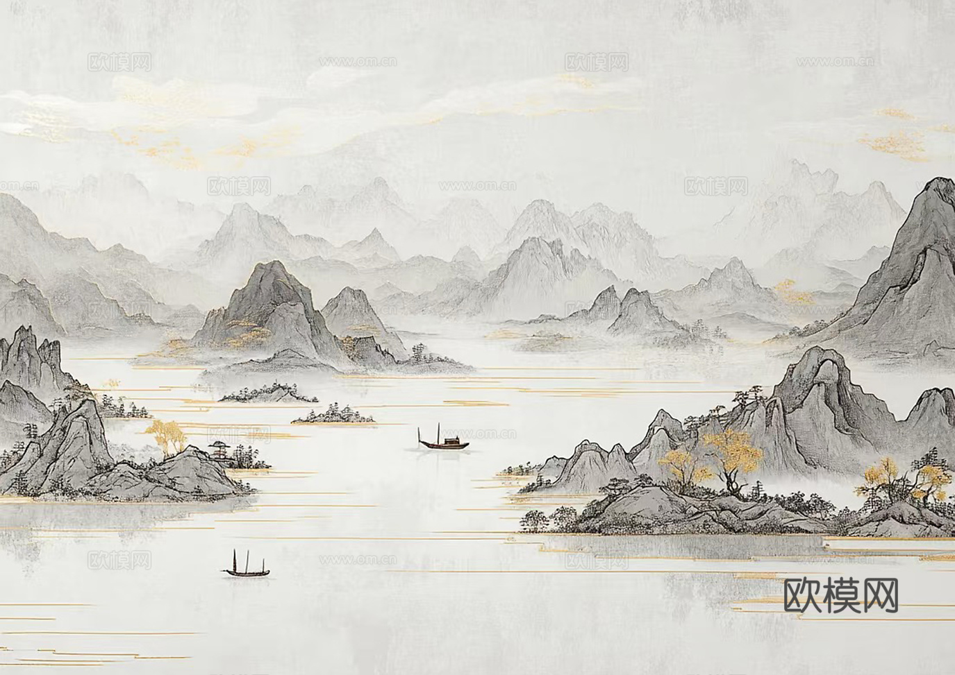 暖色水墨山水壁画