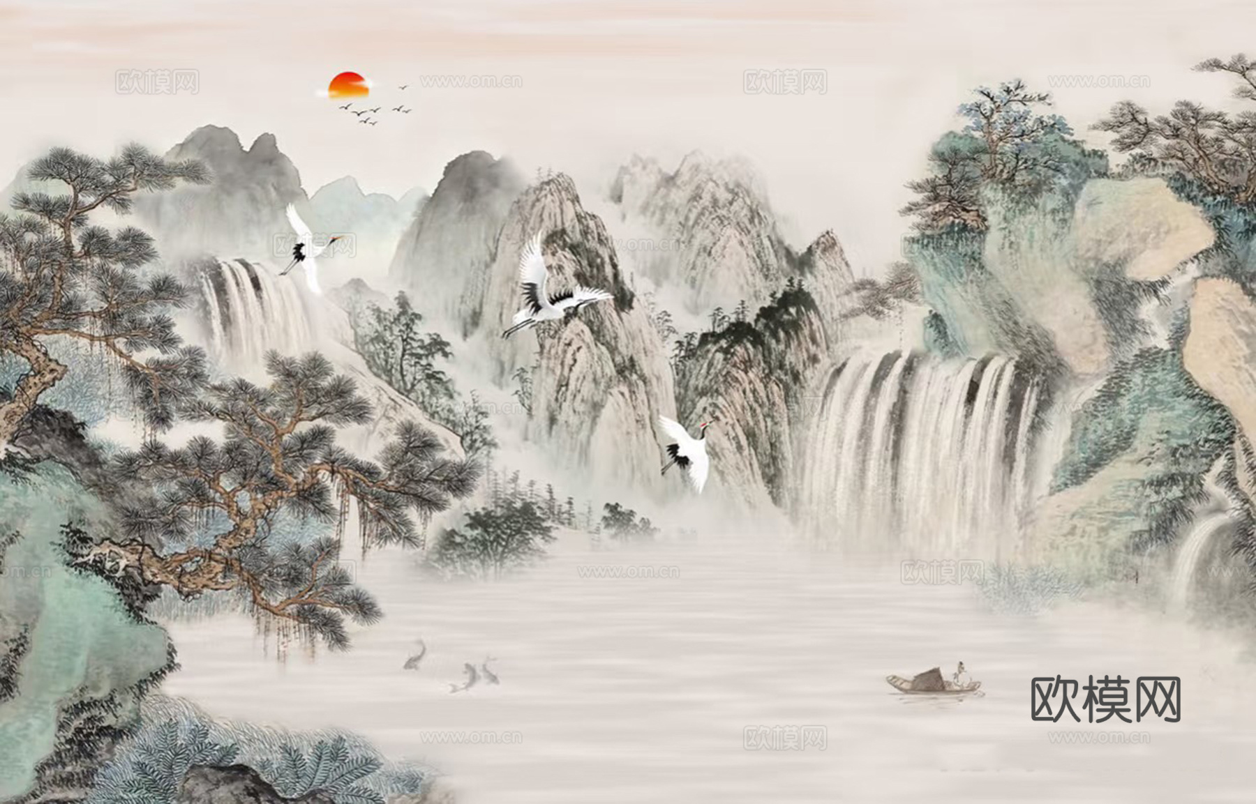 中式水墨山水壁画