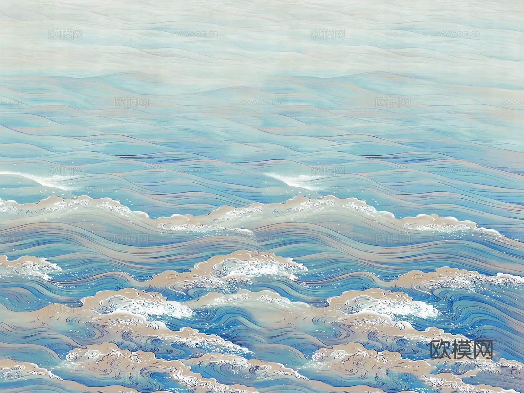 新中式蓝色海浪壁画