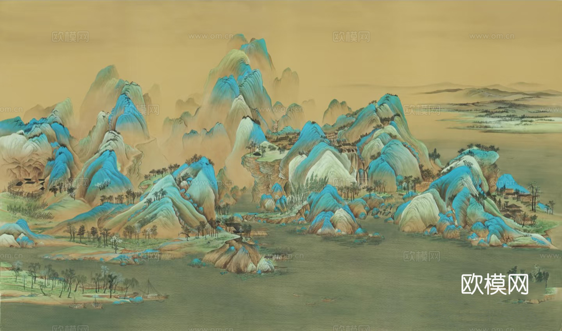 蓝绿色水墨山水建筑壁画