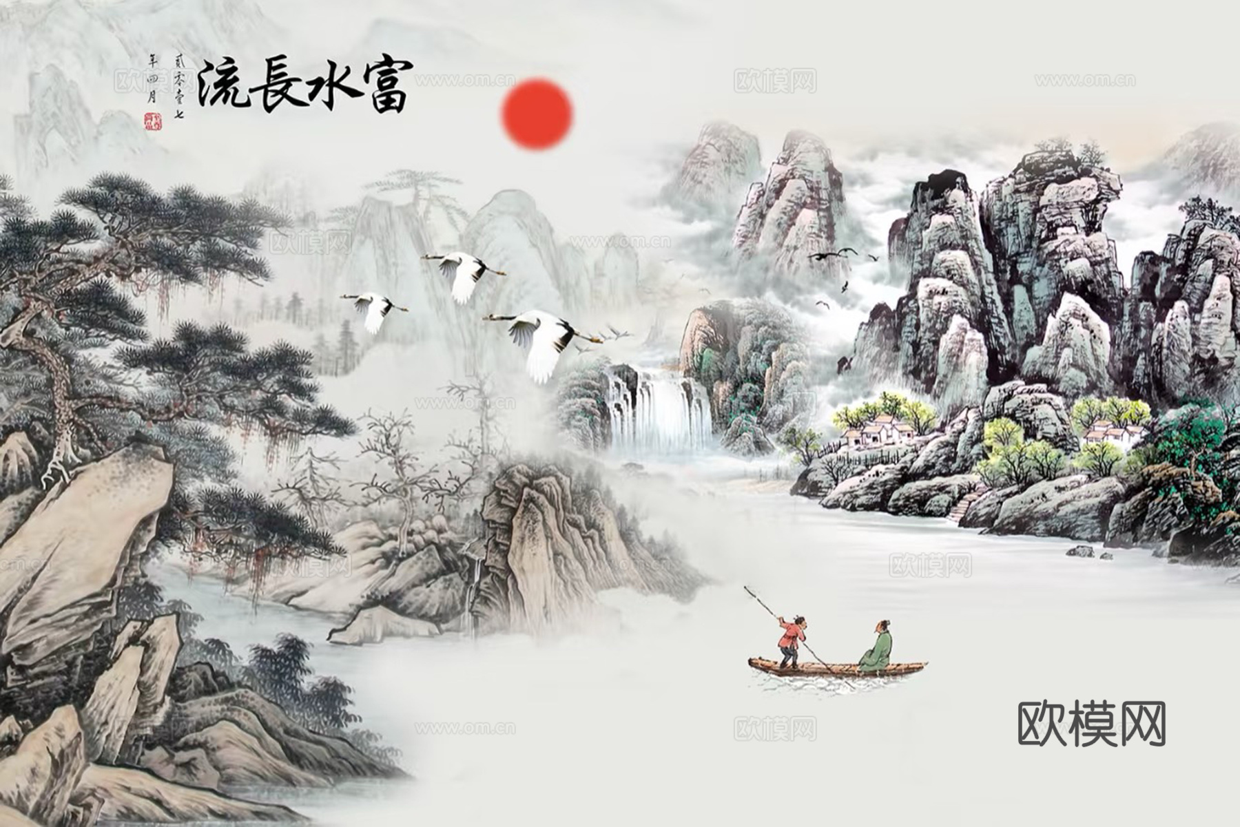 中式水墨山水壁画