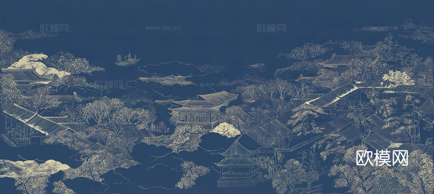 新中式蓝色山水建筑壁画