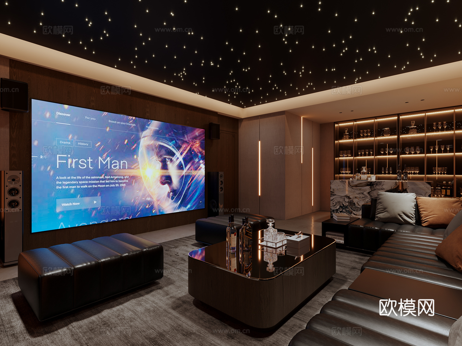别墅影音室KTV沙发茶几组合星空顶酒柜音响极光电视投影3d模型