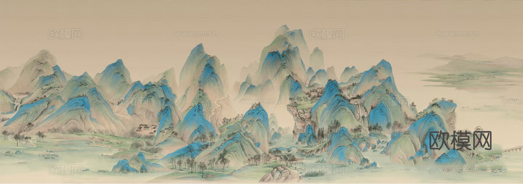 暖色点翠水墨山水壁画