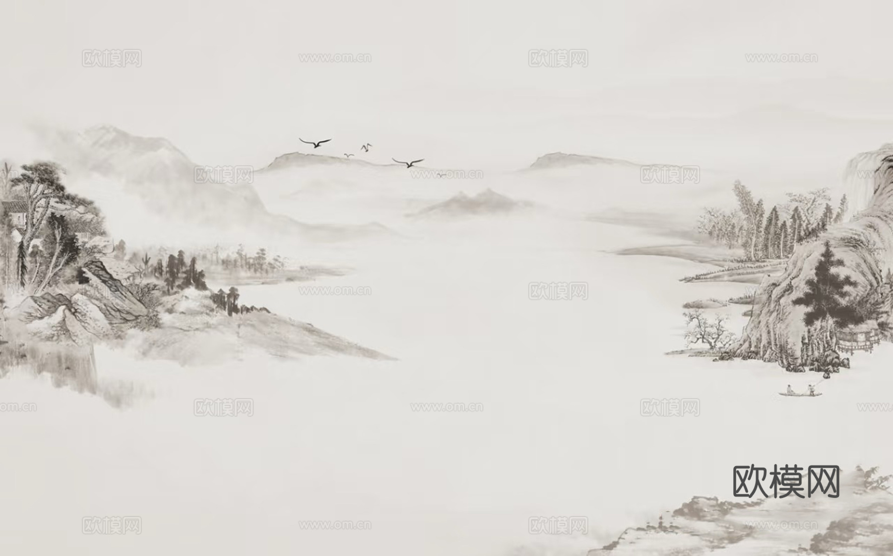 暖色水墨山水壁画