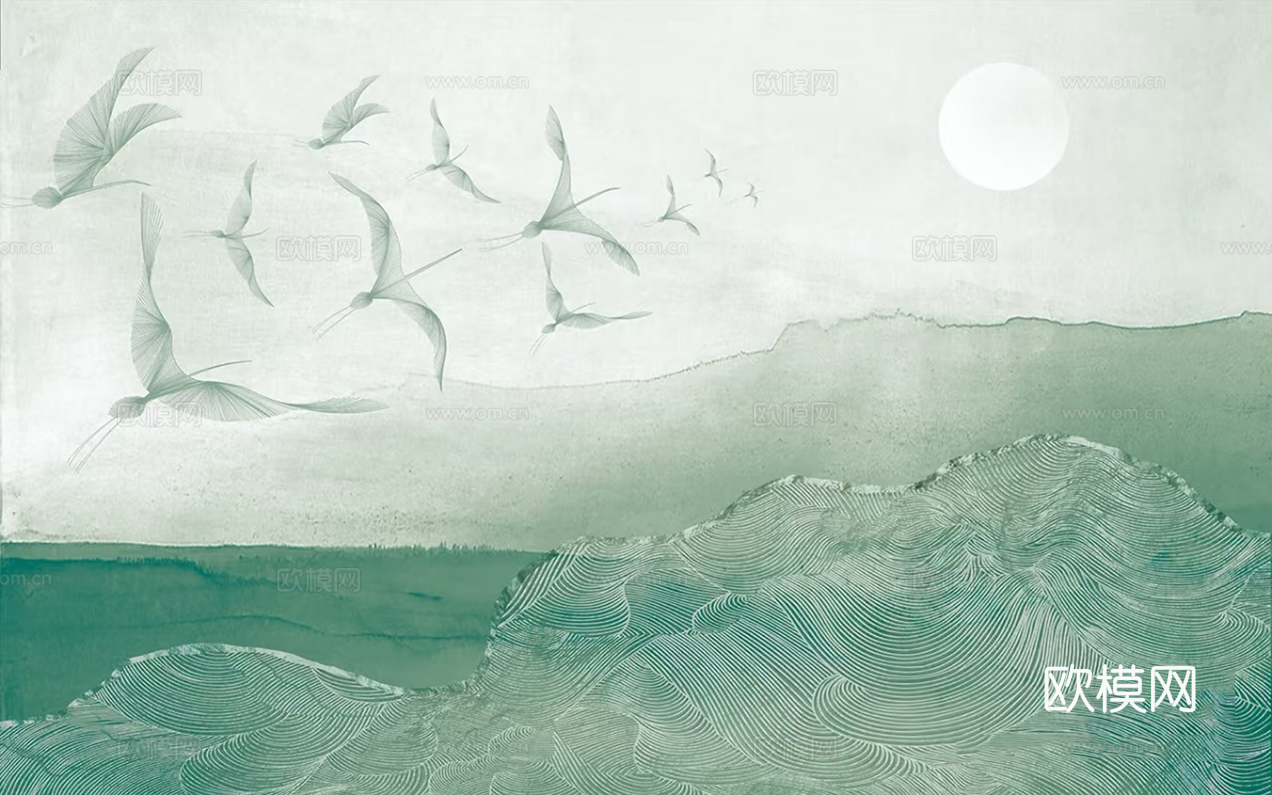 轻奢绿色千鸟归山壁画