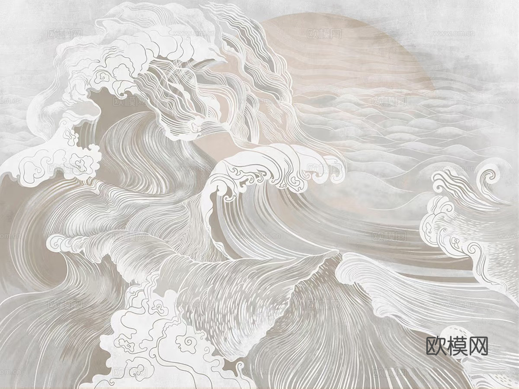 新中式暖色海浪壁画