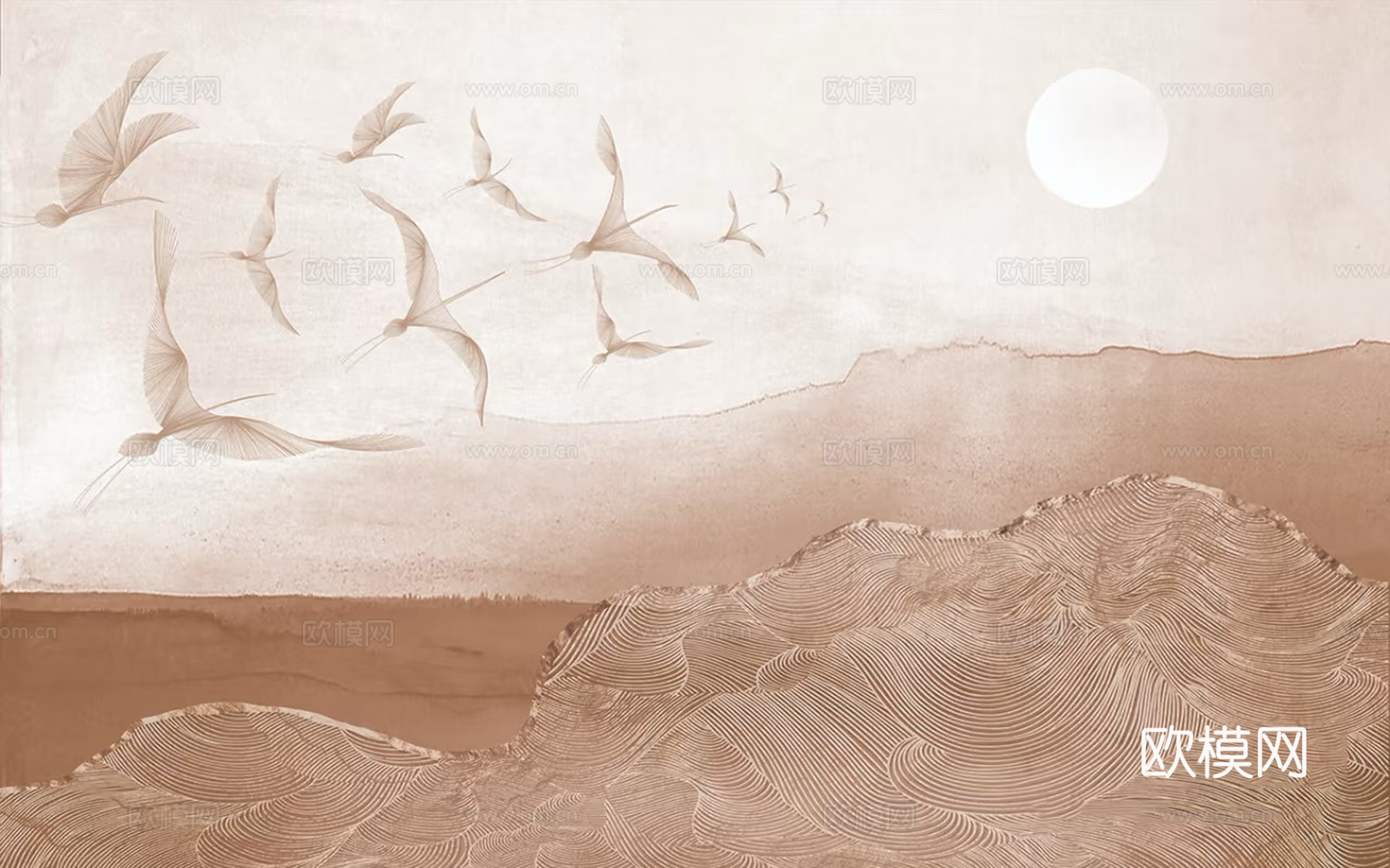 轻奢棕色千鸟归山壁画