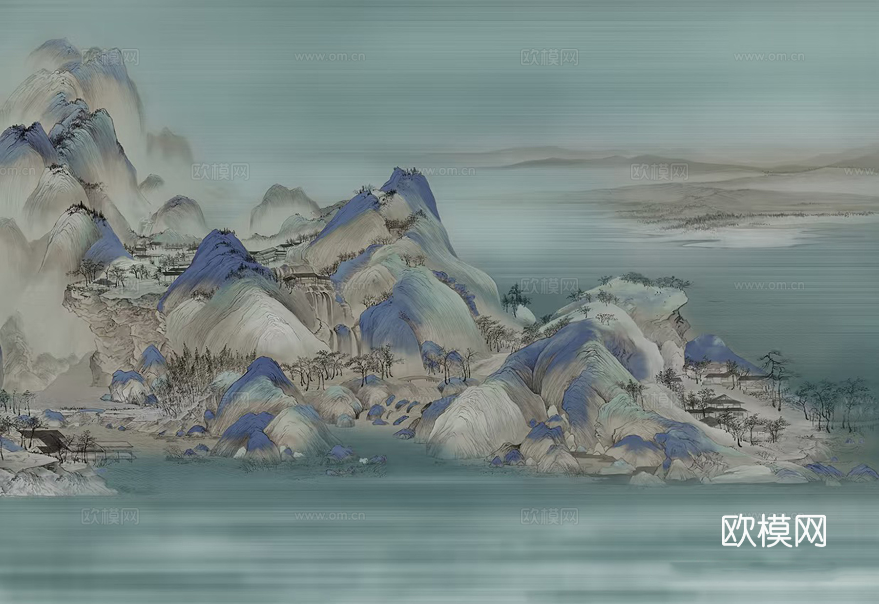 新中式蓝绿色山水壁画