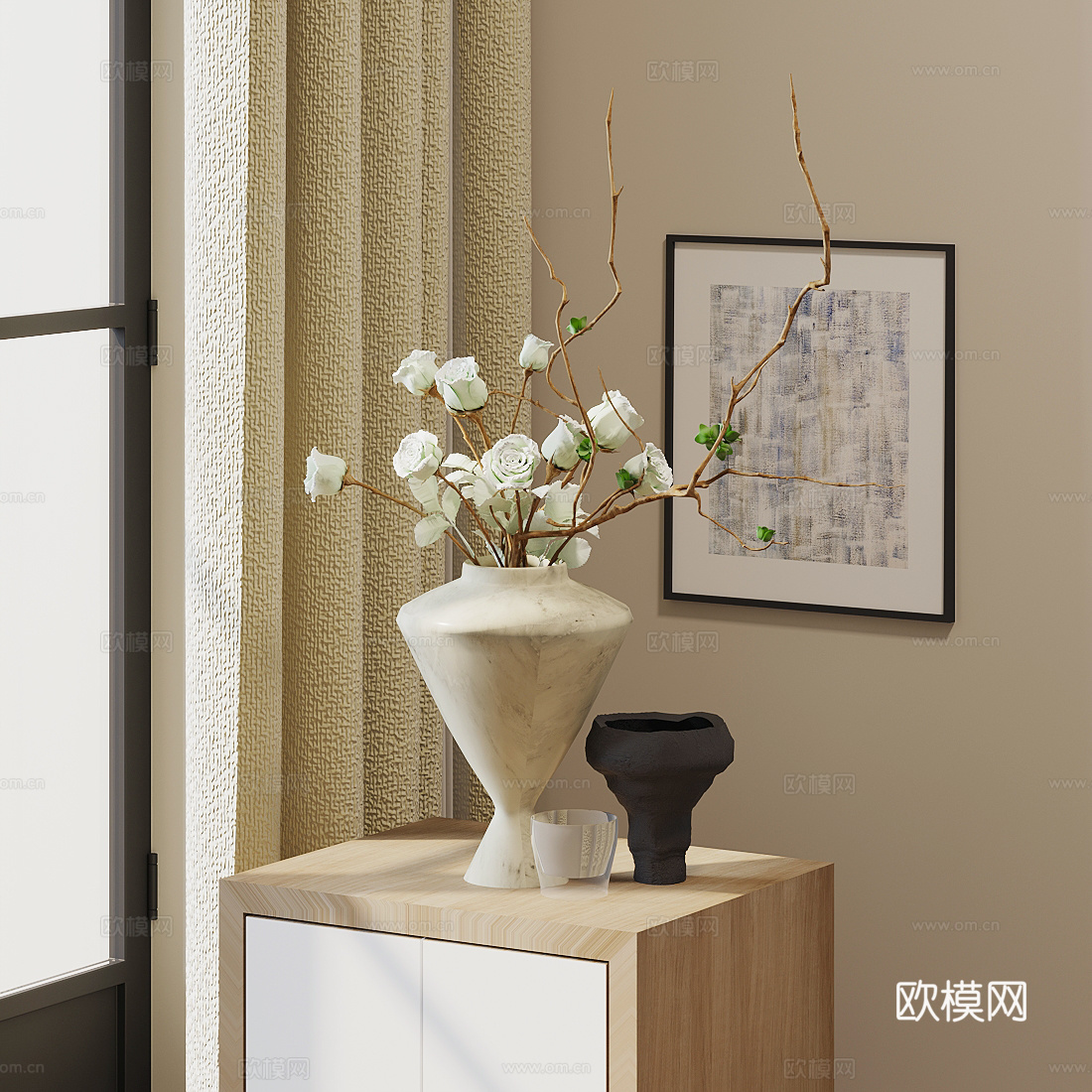 新中式禅意花艺 餐桌花艺摆件 干支花摆件 侘寂风花艺摆件su模型