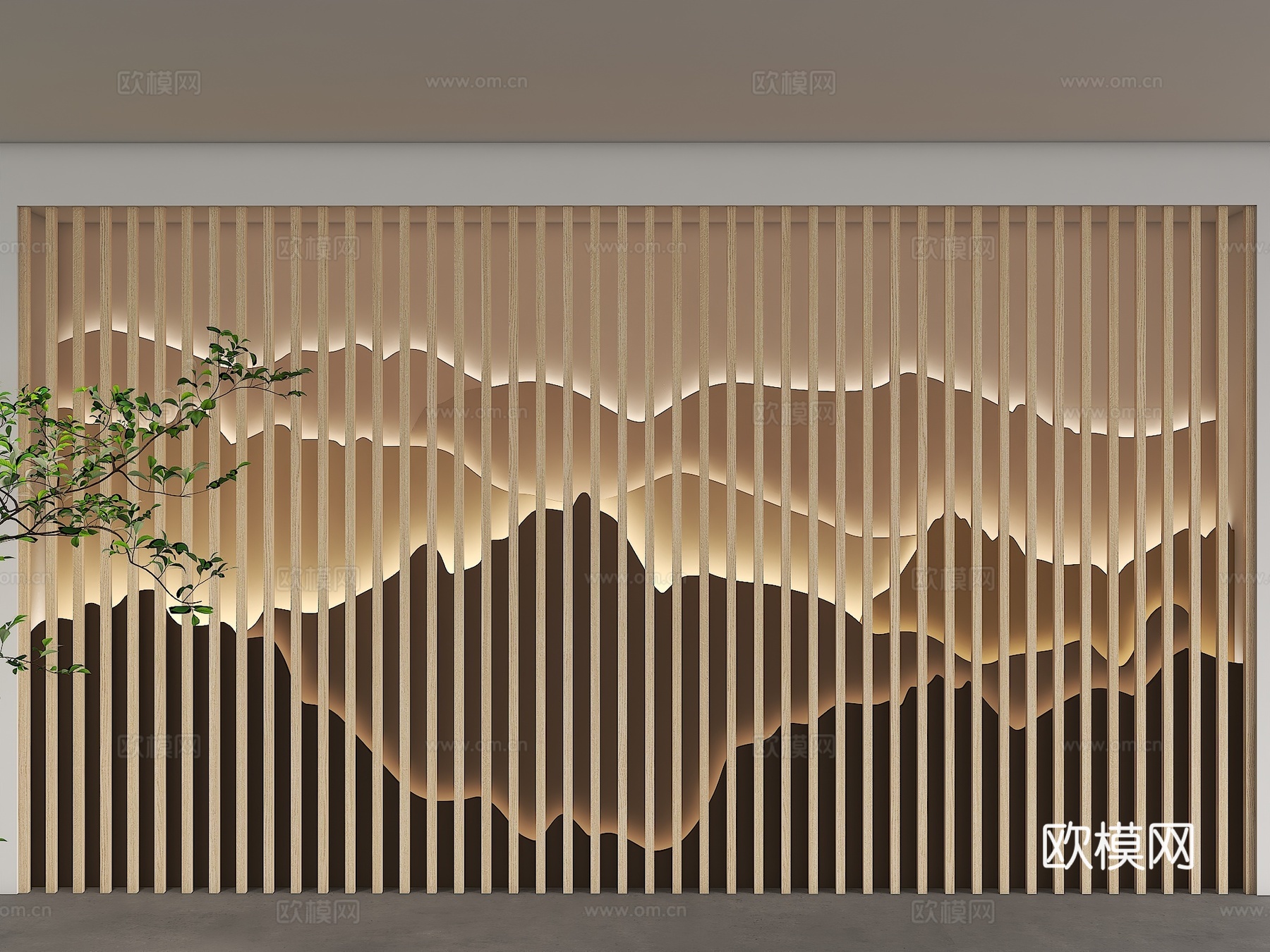 新中式格栅背景墙 山水背景墙 山水格栅背景墙 流行画背景 格3d模型