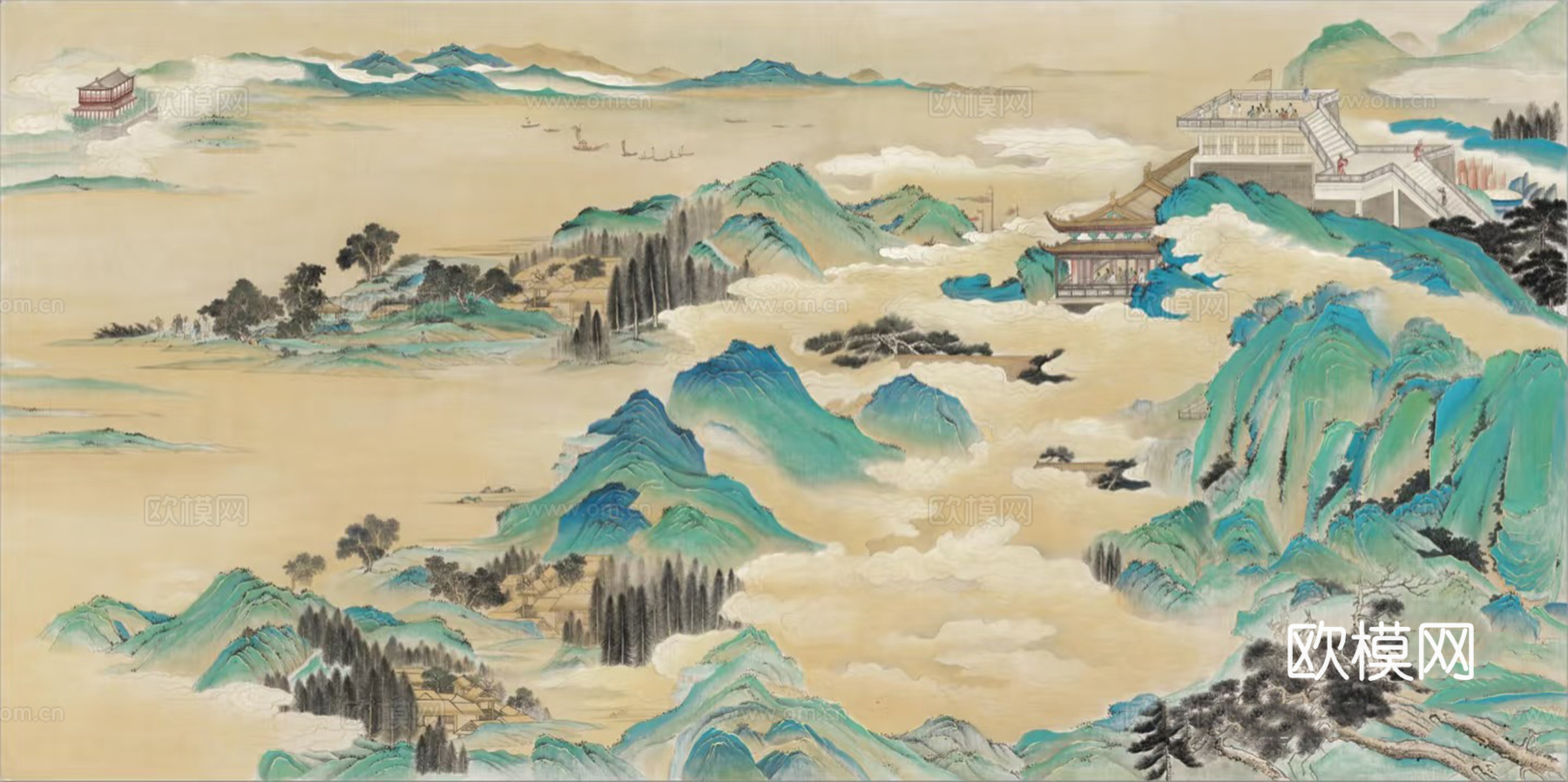 蓝绿色水墨山水壁画