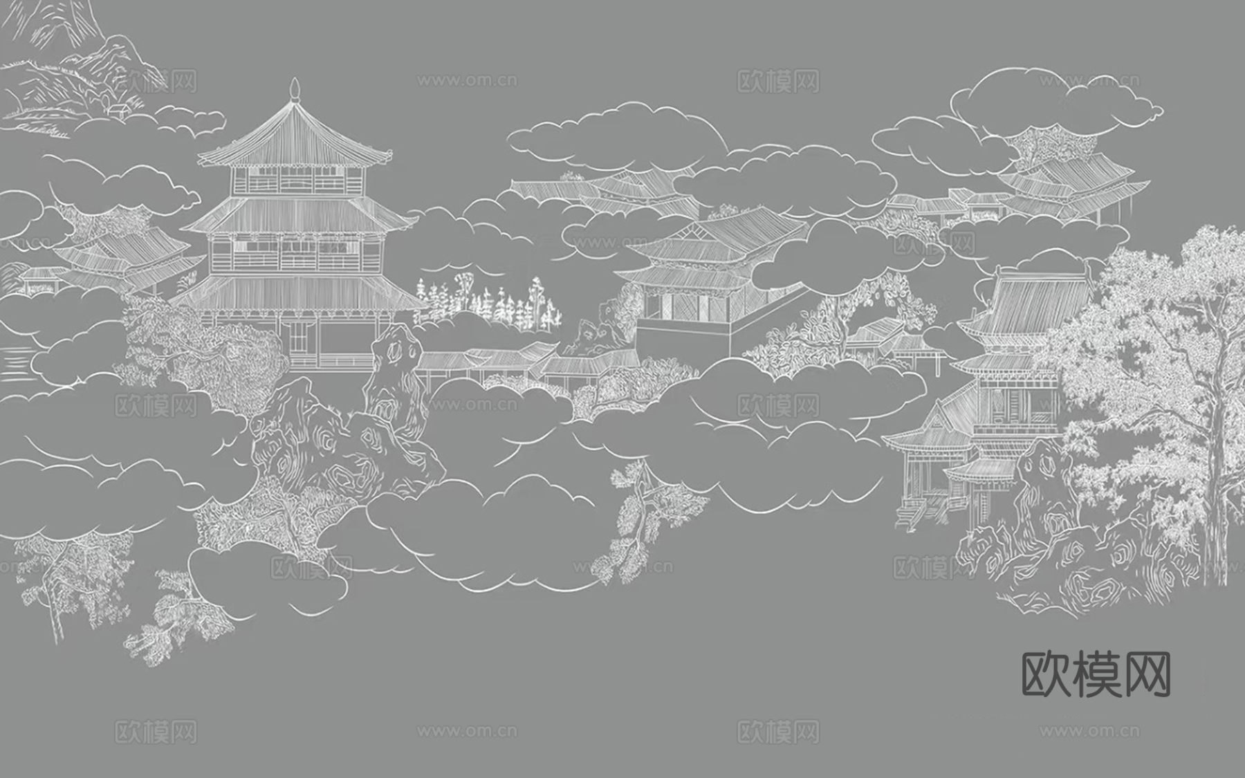 新中式灰色山水建筑壁画