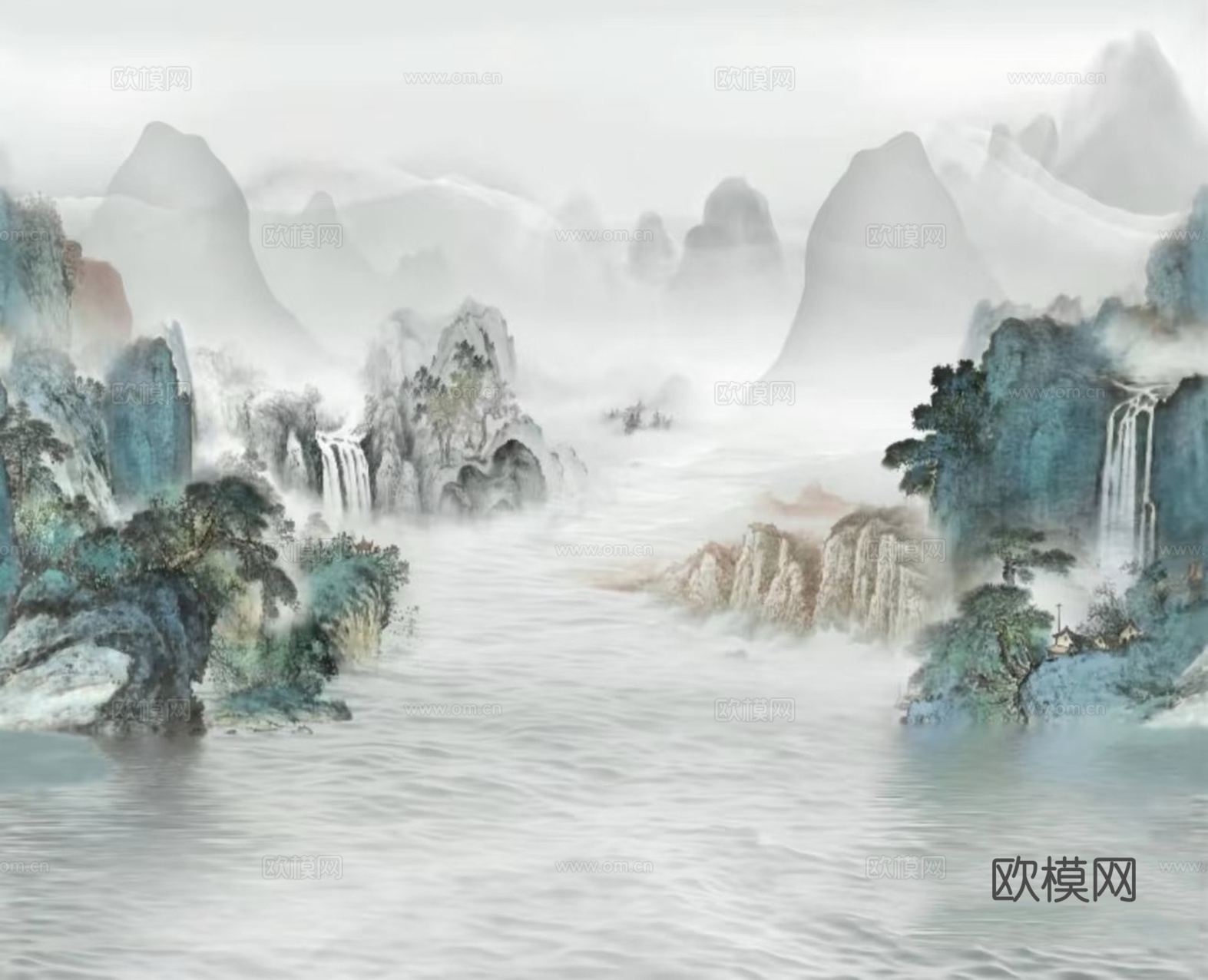 中式水墨山水壁画