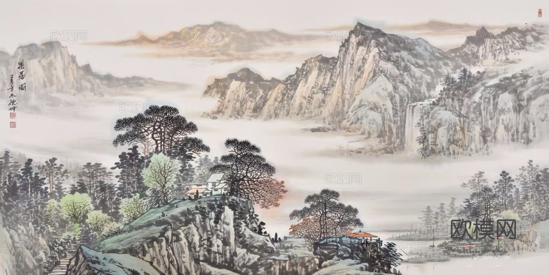 中式水墨山水壁画