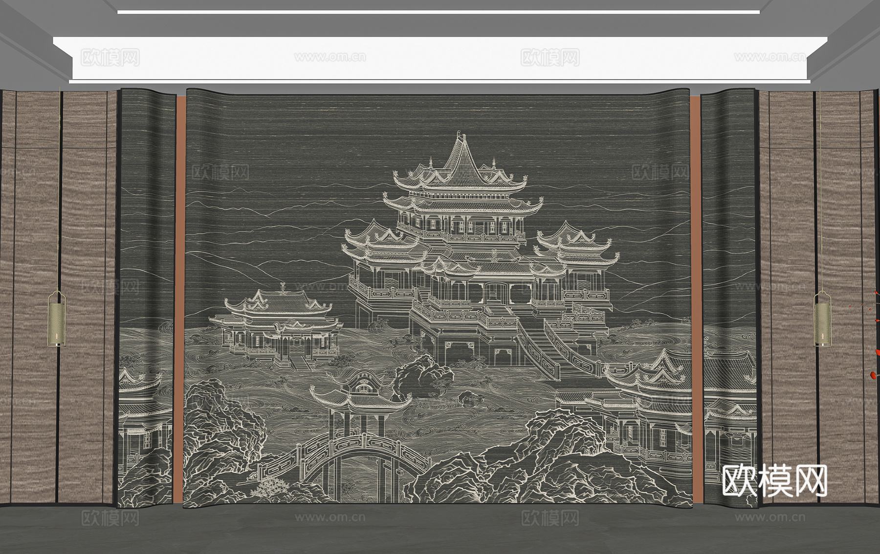 新中式背景墙su模型
