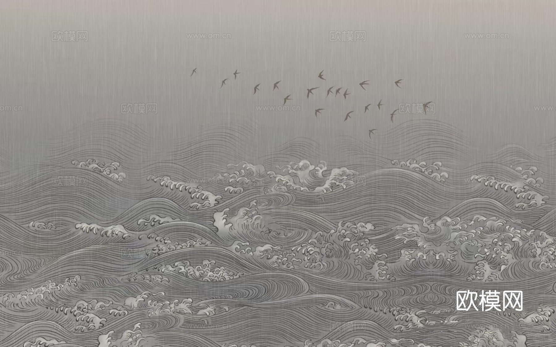 新中式灰色海浪壁画