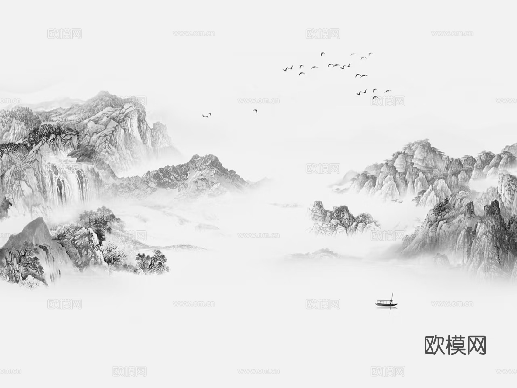 黑白水墨山水壁画