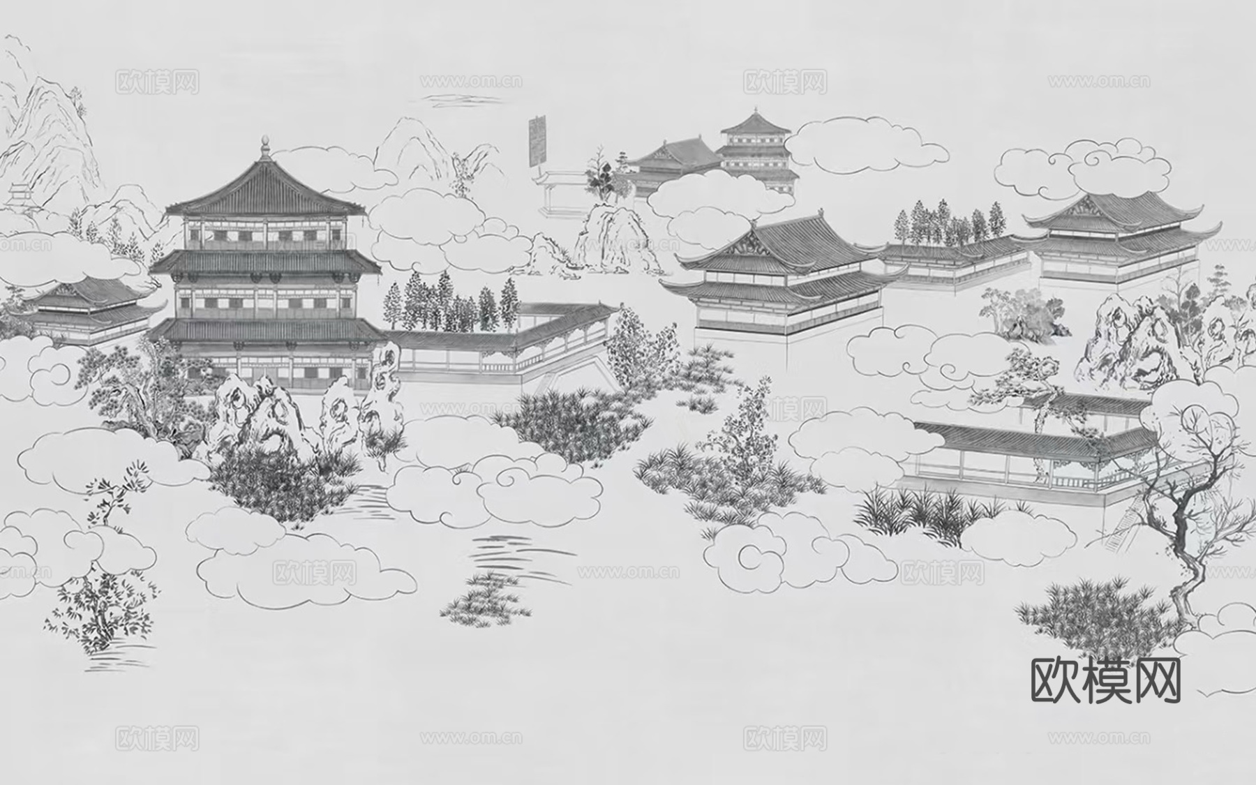 新中式灰白色山水建筑壁画