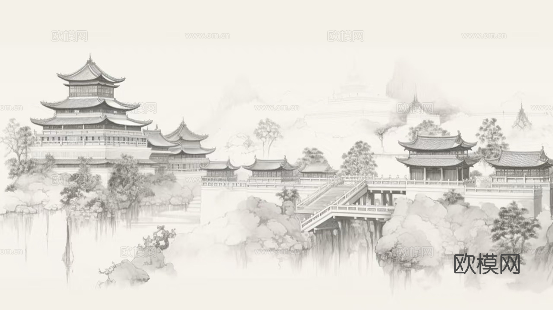 暖色水墨山水建筑壁画