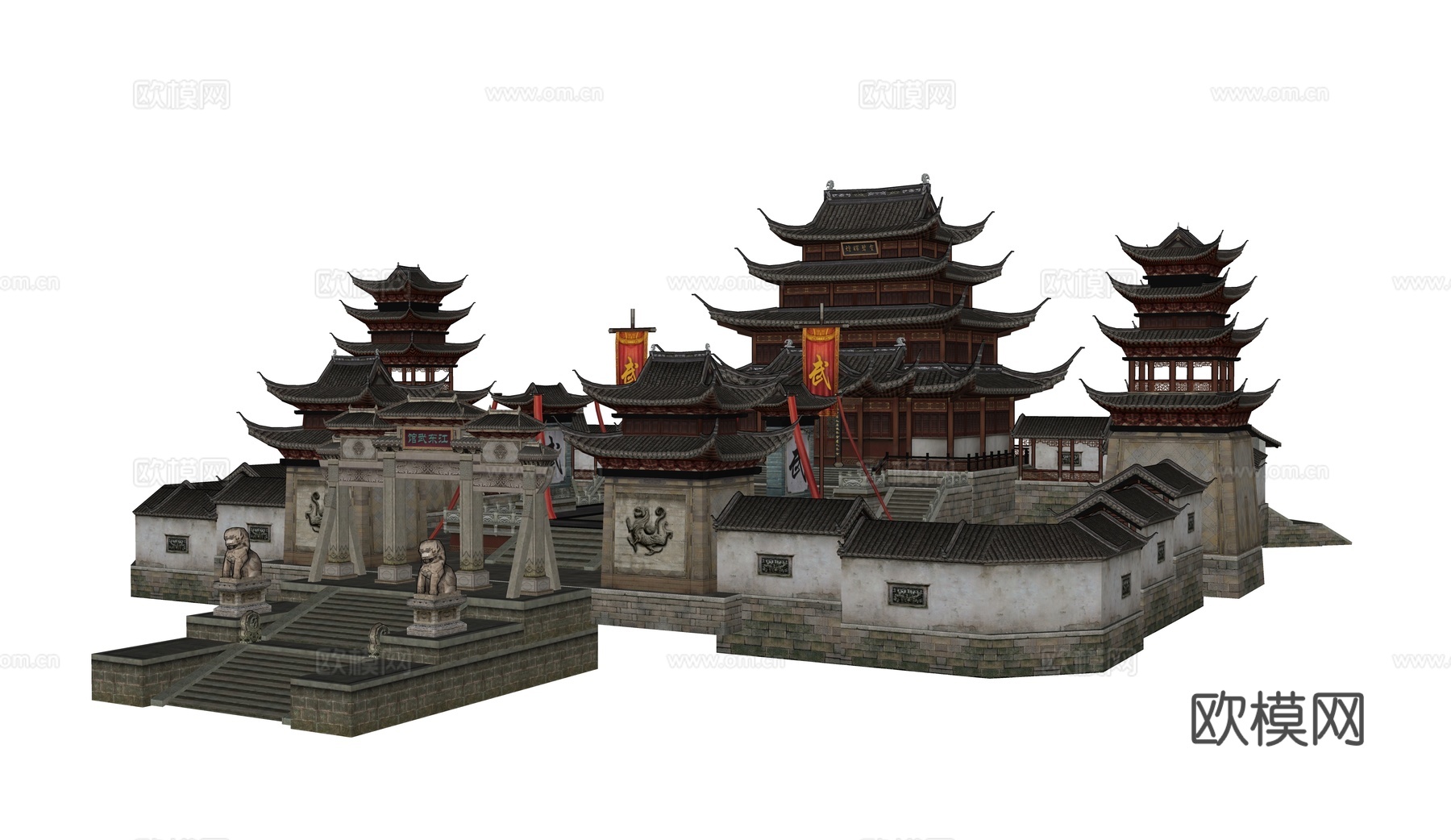 中式塔楼 游戏场景建筑 合院建筑 山门 武馆su模型