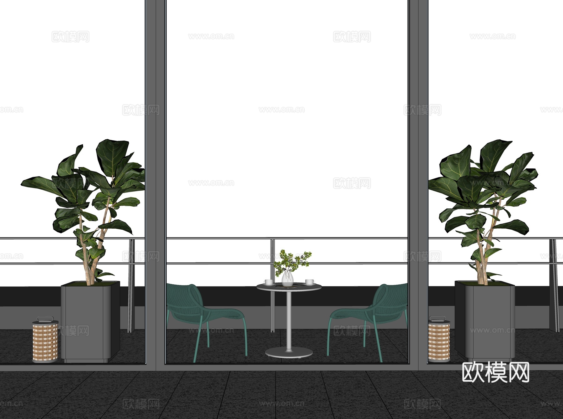 现代酒店户外家具 餐桌椅 圆桌椅 竹编落地灯 盆栽琴叶榕su模型