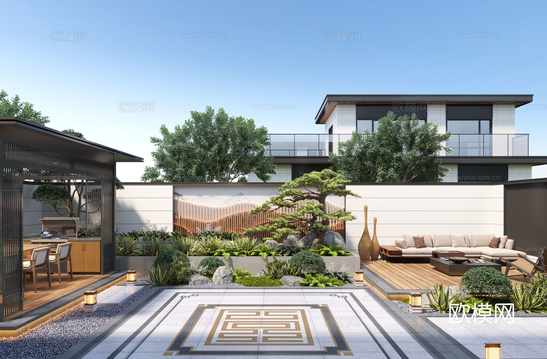 新中式庭院景观 居家庭院 景观小品 凉亭 假山水景 景观墙3d模型
