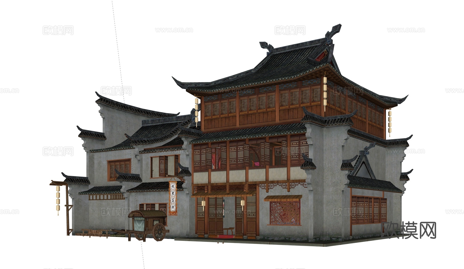 中式客栈 酒楼 游戏场景建筑 药铺su模型