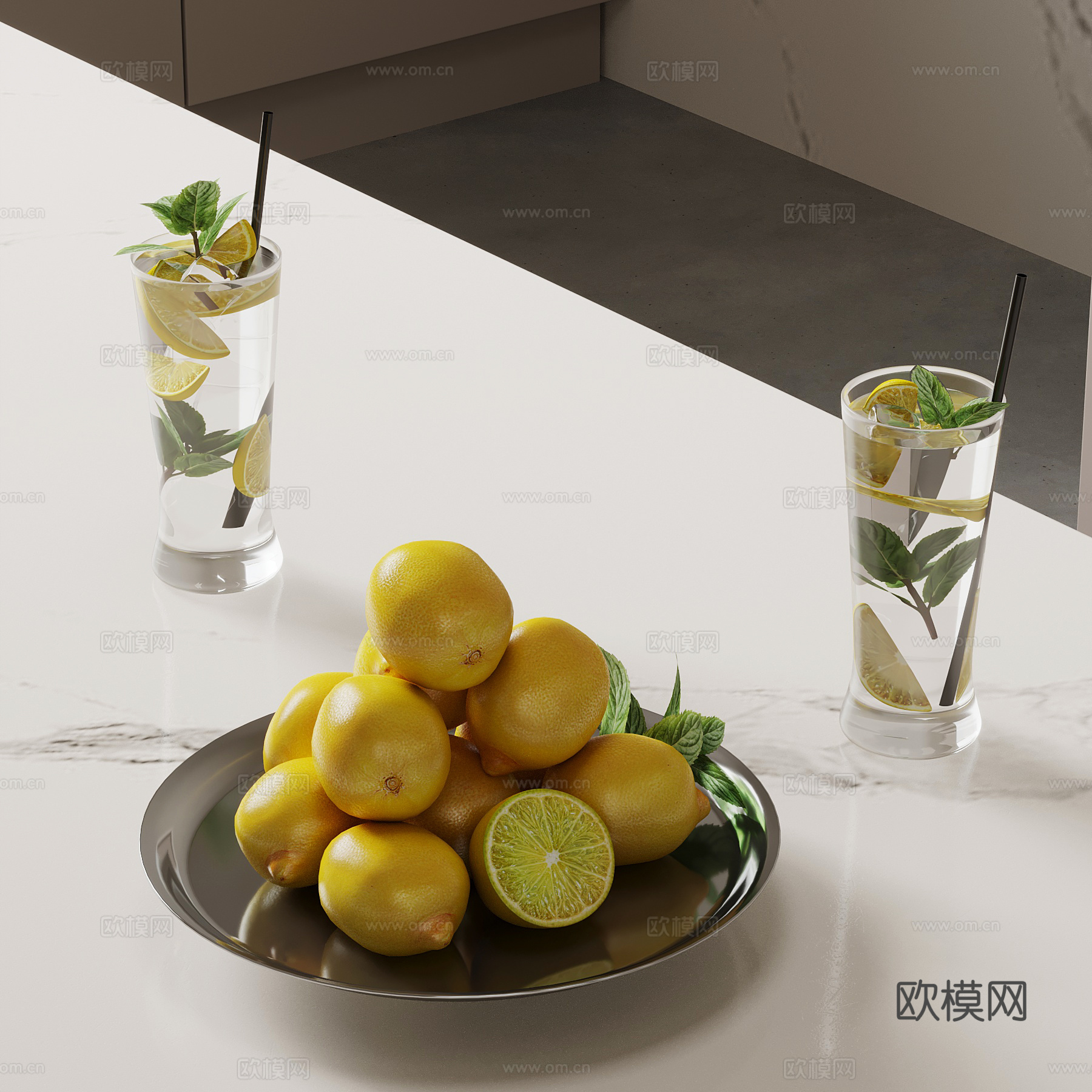 现代水果盘 柠檬水 水杯su模型