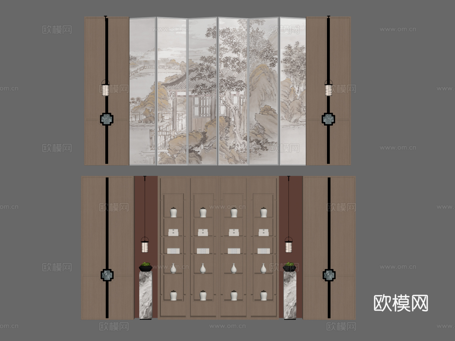 新中式背景墙 展示柜su模型