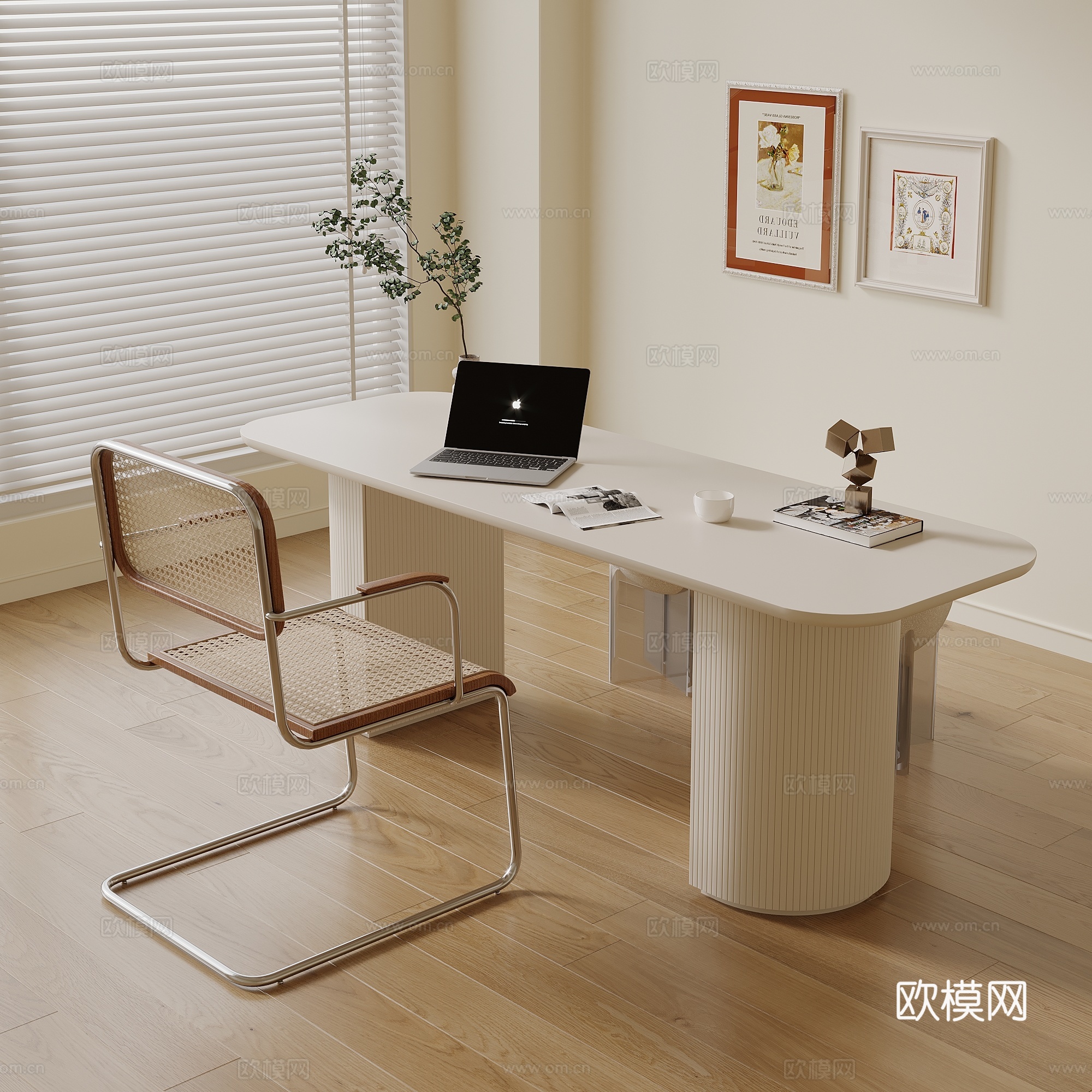 法式奶油风书桌椅 办公桌椅组合su模型