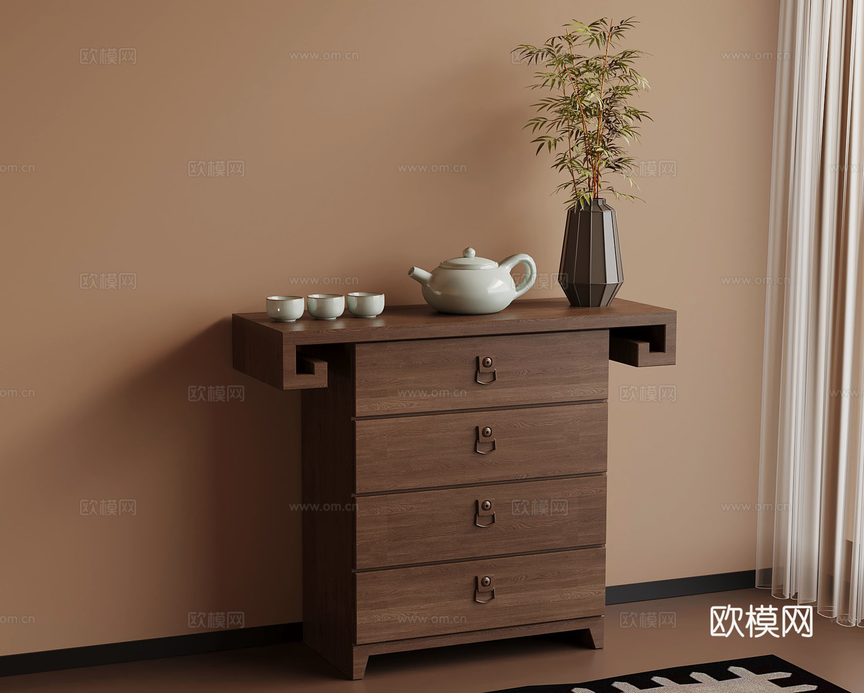 新中式茶水柜 茶具 茶壶 茶杯su模型