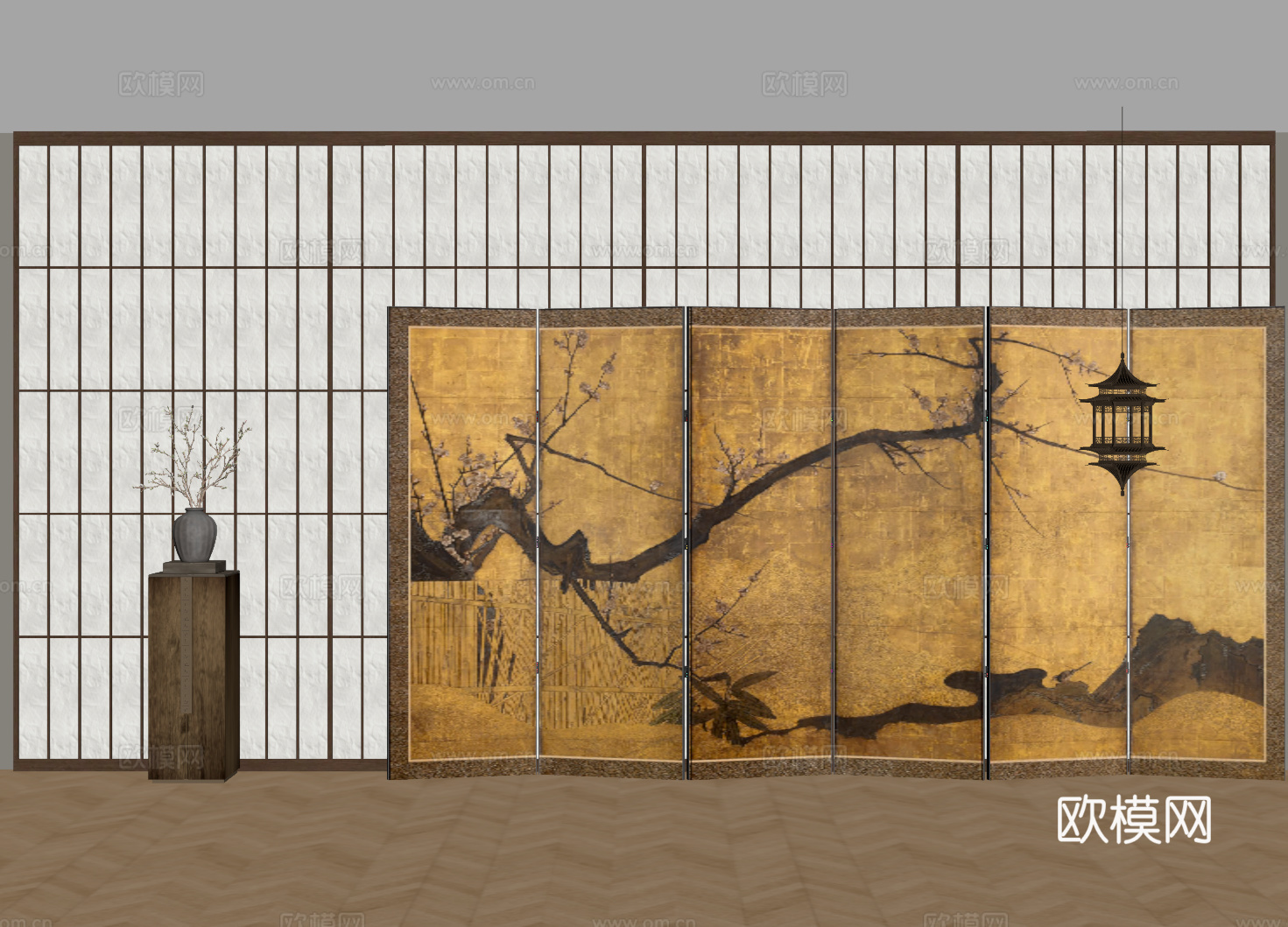 新中式屏风 背景墙su模型